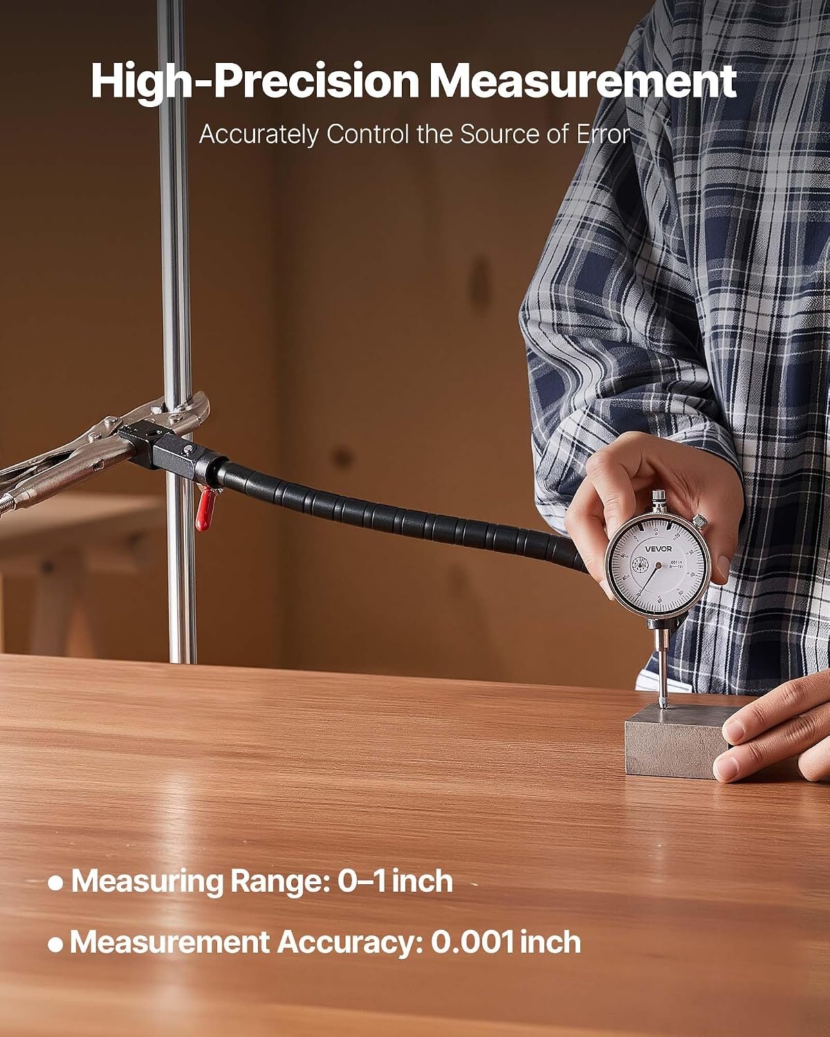 image:imageVEVOR Dial Test Indicator with 360Degree Flexible Arm and 360Degree Locking Pliers 0001 inch Accuracy 01 inch Range Professional for Machine SetUp Narrow Area Measurement Storage Case