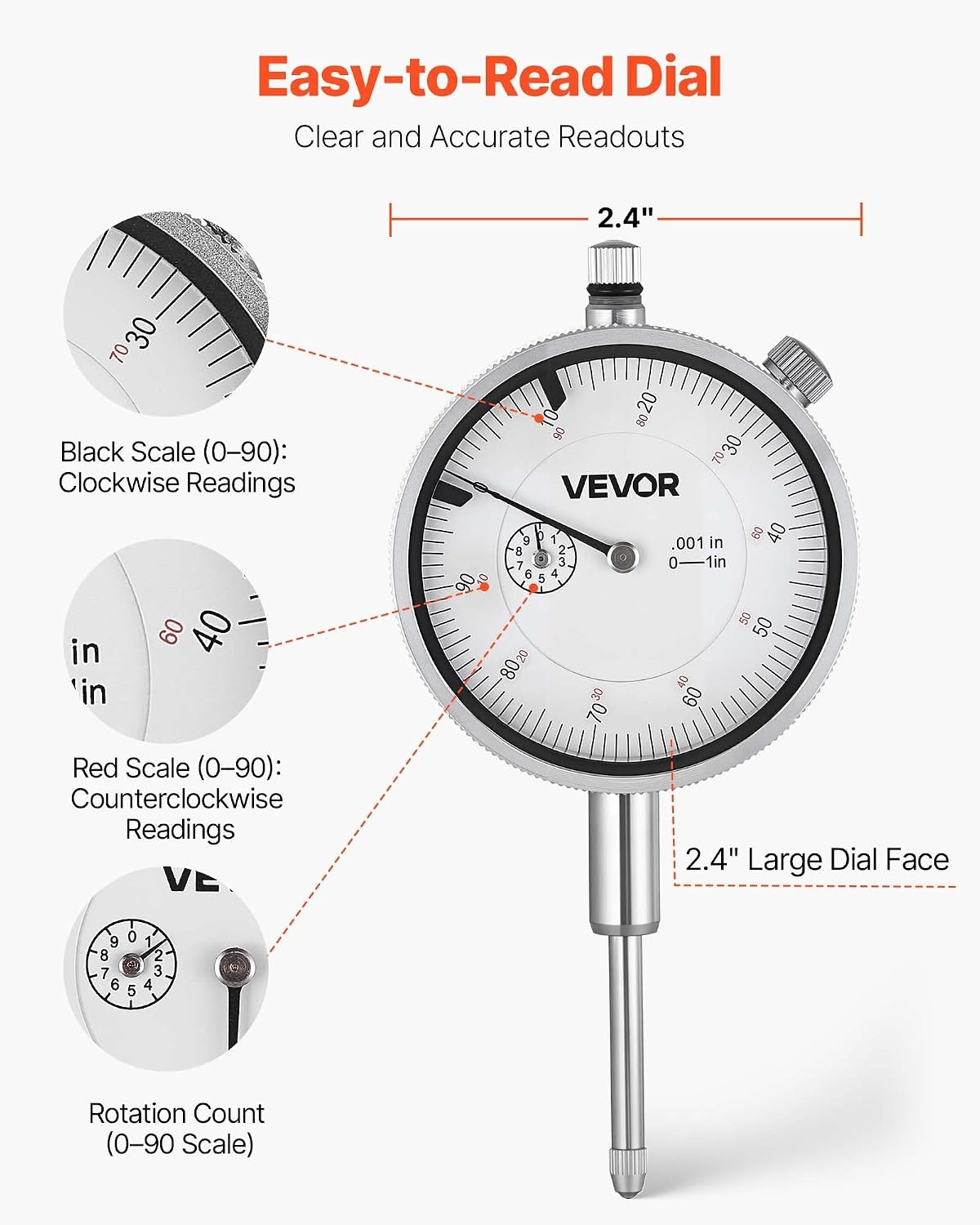 image:imageVEVOR Dial Test Indicator with Dual Rod Stand and Storage Case 0001 inch Accuracy 01 inch Range Fine Adjustable Long Arm NonMagnetic Centering Rods for Machine SetUp Narrow Area Measurement