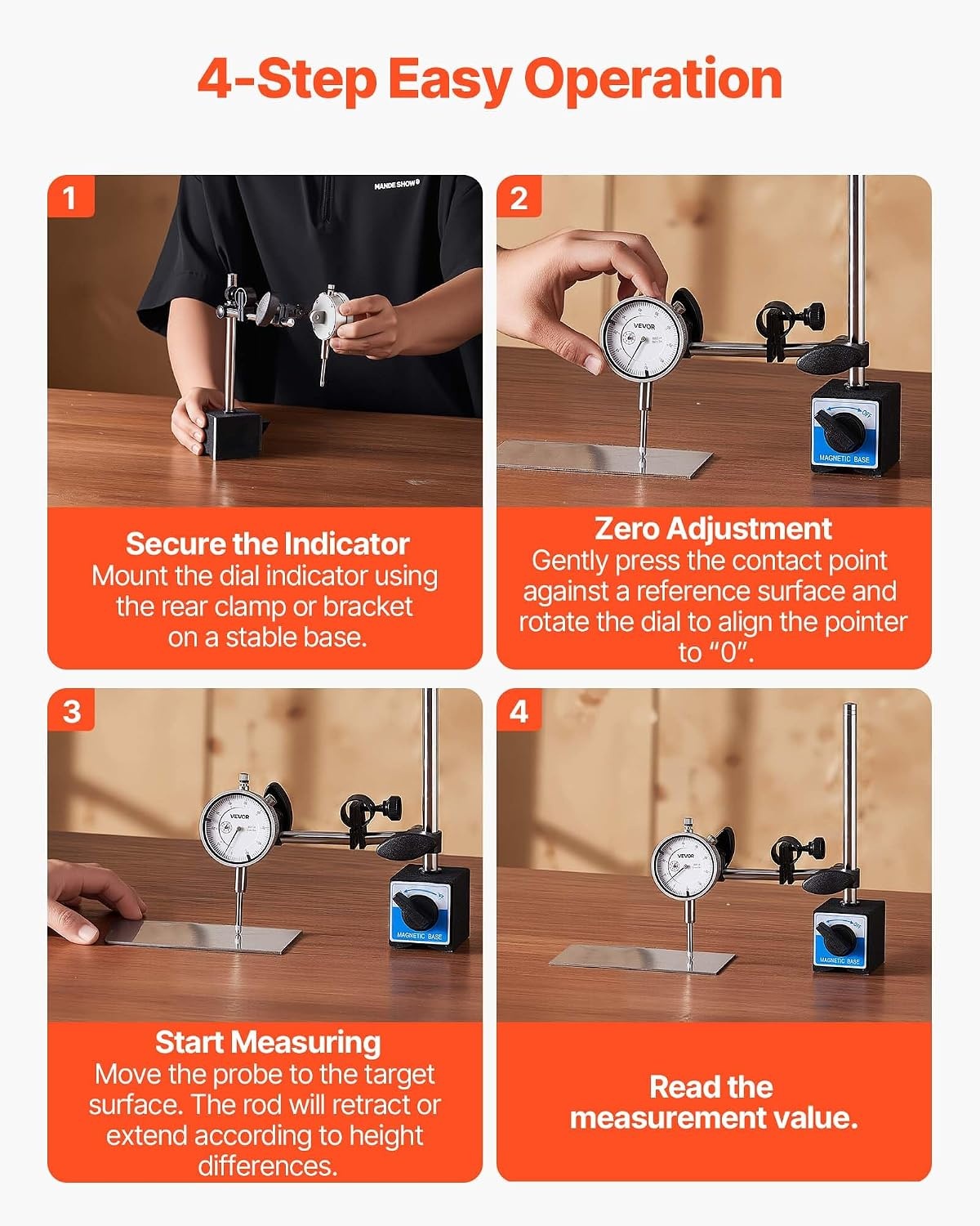image:imageVEVOR Dial Test Indicator with Dual Rod Stand and Storage Case 0001 inch Accuracy 01 inch Range Fine Adjustable Long Arm NonMagnetic Centering Rods for Machine SetUp Narrow Area Measurement