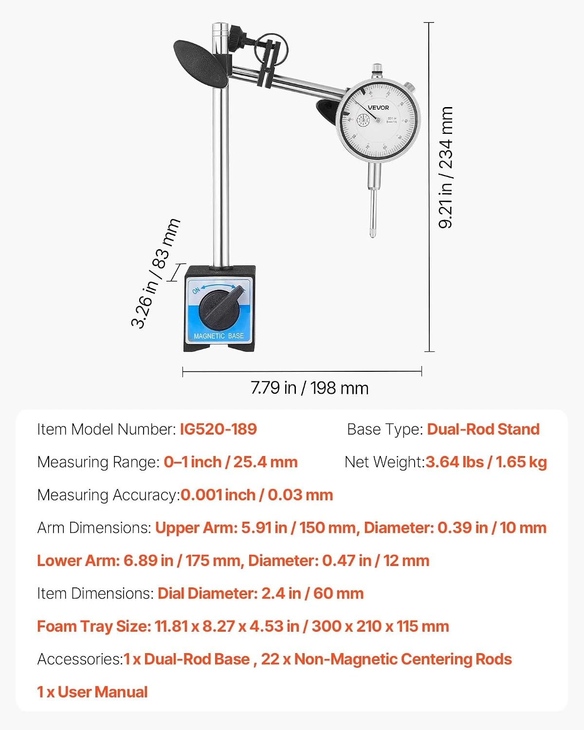 image:imageVEVOR Dial Test Indicator with Dual Rod Stand and Storage Case 0001 inch Accuracy 01 inch Range Fine Adjustable Long Arm NonMagnetic Centering Rods for Machine SetUp Narrow Area Measurement
