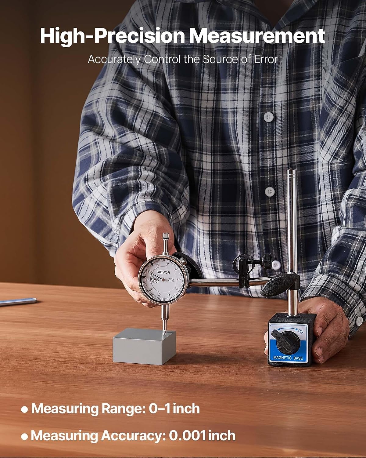 image:imageVEVOR Dial Test Indicator with Dual Rod Stand and Storage Case 0001 inch Accuracy 01 inch Range Fine Adjustable Long Arm NonMagnetic Centering Rods for Machine SetUp Narrow Area Measurement