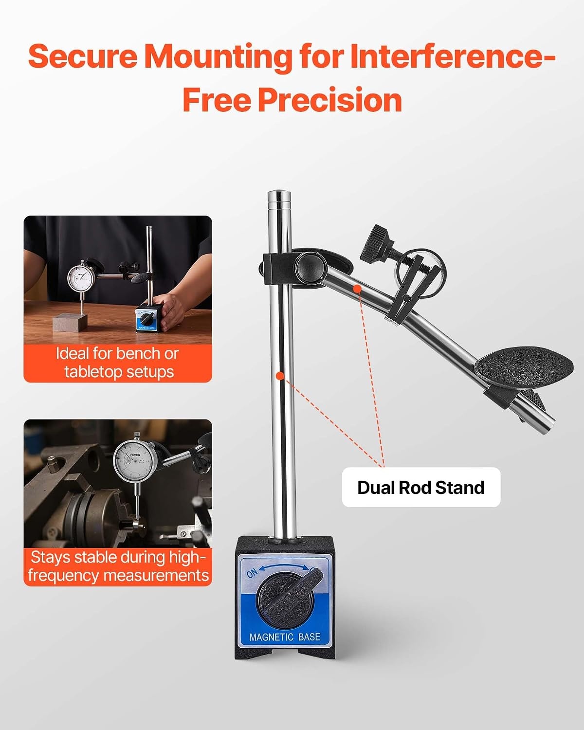 image:imageVEVOR Dial Test Indicator with Dual Rod Stand and Storage Case 0001 inch Accuracy 01 inch Range Fine Adjustable Long Arm NonMagnetic Centering Rods for Machine SetUp Narrow Area Measurement