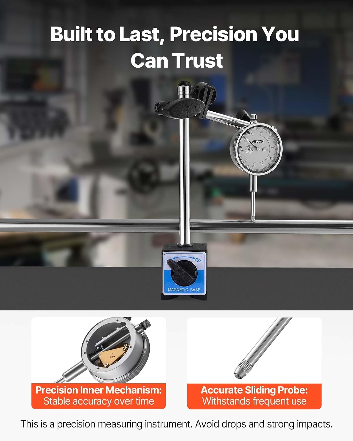 image:imageVEVOR Dial Test Indicator with Dual Rod Stand and Storage Case 0001 inch Accuracy 01 inch Range Fine Adjustable Long Arm NonMagnetic Centering Rods for Machine SetUp Narrow Area Measurement
