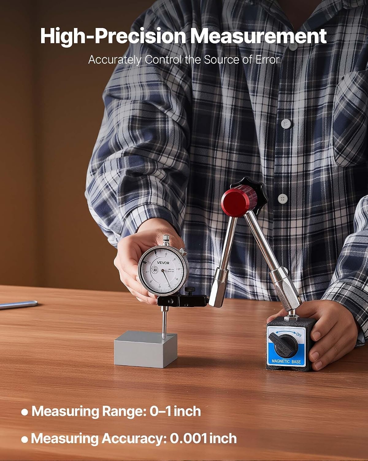 image:imageVEVOR Dial Test Indicator with Magnetic Flexible Base Stand 0001 inch Accuracy 01 inch Range Fine Adjustable Long Arm Professional for Machine SetUp Narrow Area Measurement Easy to Read