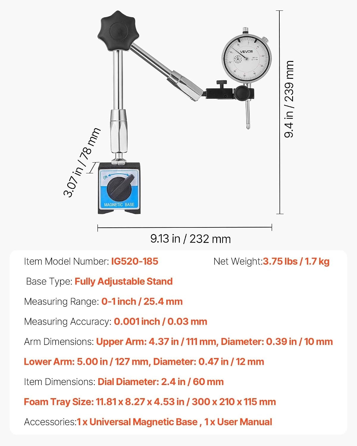 image:imageVEVOR Dial Test Indicator with Magnetic Flexible Base Stand 0001 inch Accuracy 01 inch Range Fine Adjustable Long Arm Professional for Machine SetUp Narrow Area Measurement Easy to Read