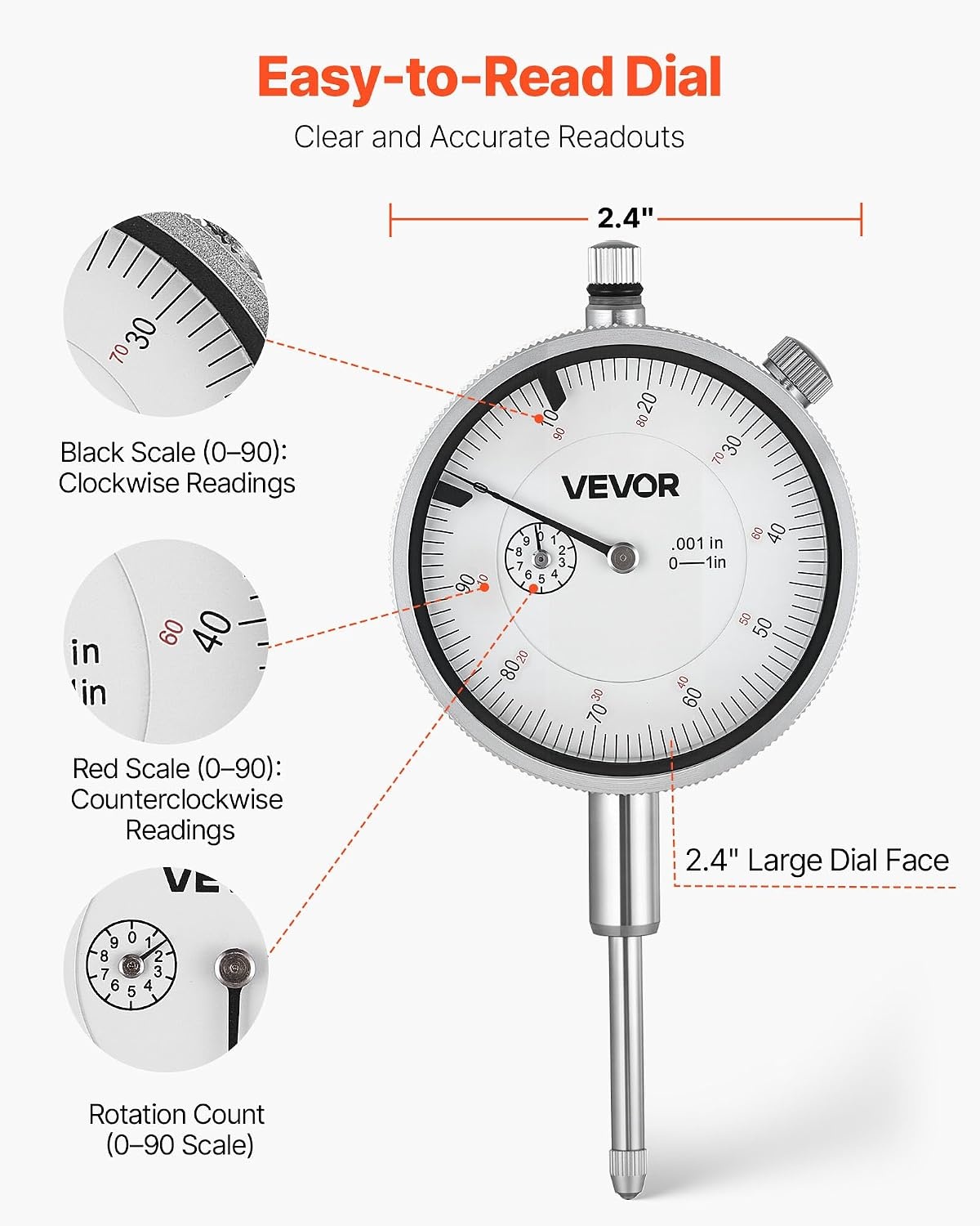 image:imageVEVOR Dial Test Indicator with Metal Base 0001 inch Accuracy 01 inch Range Easy to Read Large Dial Professional for Narrow Area Measurement Industrial Machining amp Inspection Precision Testing