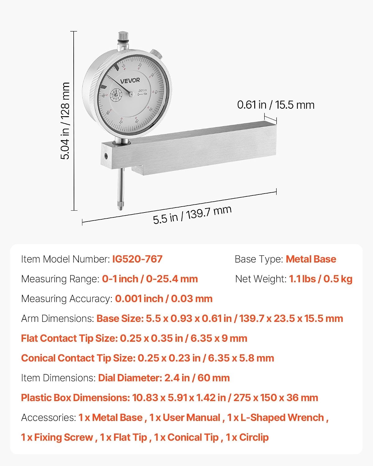 image:imageVEVOR Dial Test Indicator with Metal Base 0001 inch Accuracy 01 inch Range Easy to Read Large Dial Professional for Narrow Area Measurement Industrial Machining amp Inspection Precision Testing