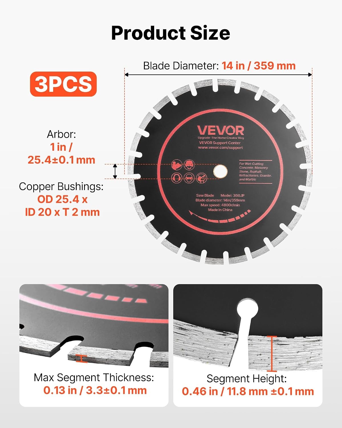 image:imageVEVOR Diamond Blades 63 inch 5Pack Wall Chaser Saw Blade Cutting Blade 087 in Arbor HighHardness Diamond Segments 65Mn Steel Core Dry Wet Cutting Clean Edges for Concrete Brick Stone Cement14 inch
