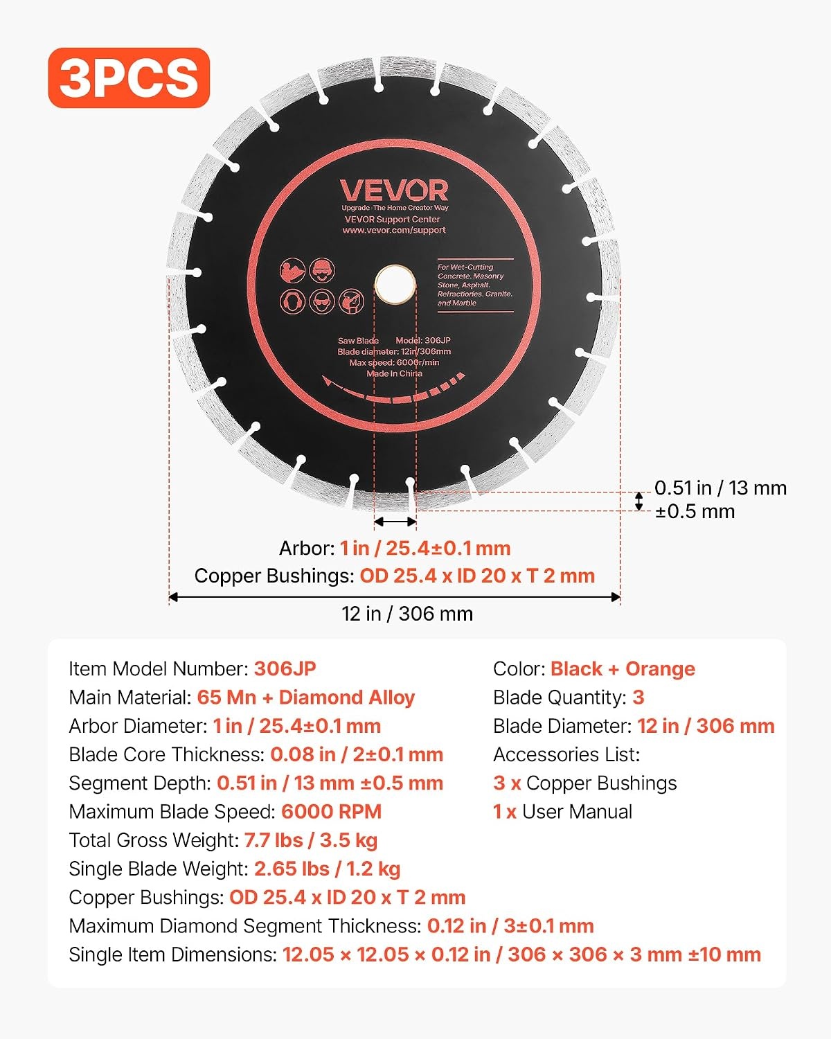 image:imageVEVOR Diamond Blades 63 inch 5Pack Wall Chaser Saw Blade Cutting Blade 087 in Arbor HighHardness Diamond Segments 65Mn Steel Core Dry Wet Cutting Clean Edges for Concrete Brick Stone Cement12 inch