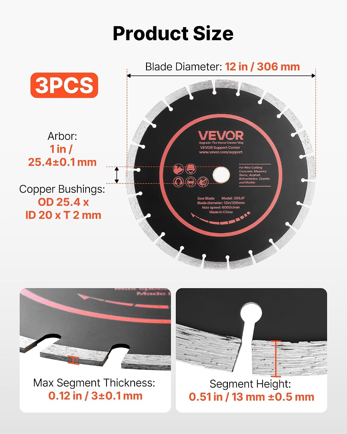 image:imageVEVOR Diamond Blades 63 inch 5Pack Wall Chaser Saw Blade Cutting Blade 087 in Arbor HighHardness Diamond Segments 65Mn Steel Core Dry Wet Cutting Clean Edges for Concrete Brick Stone Cement12 inch