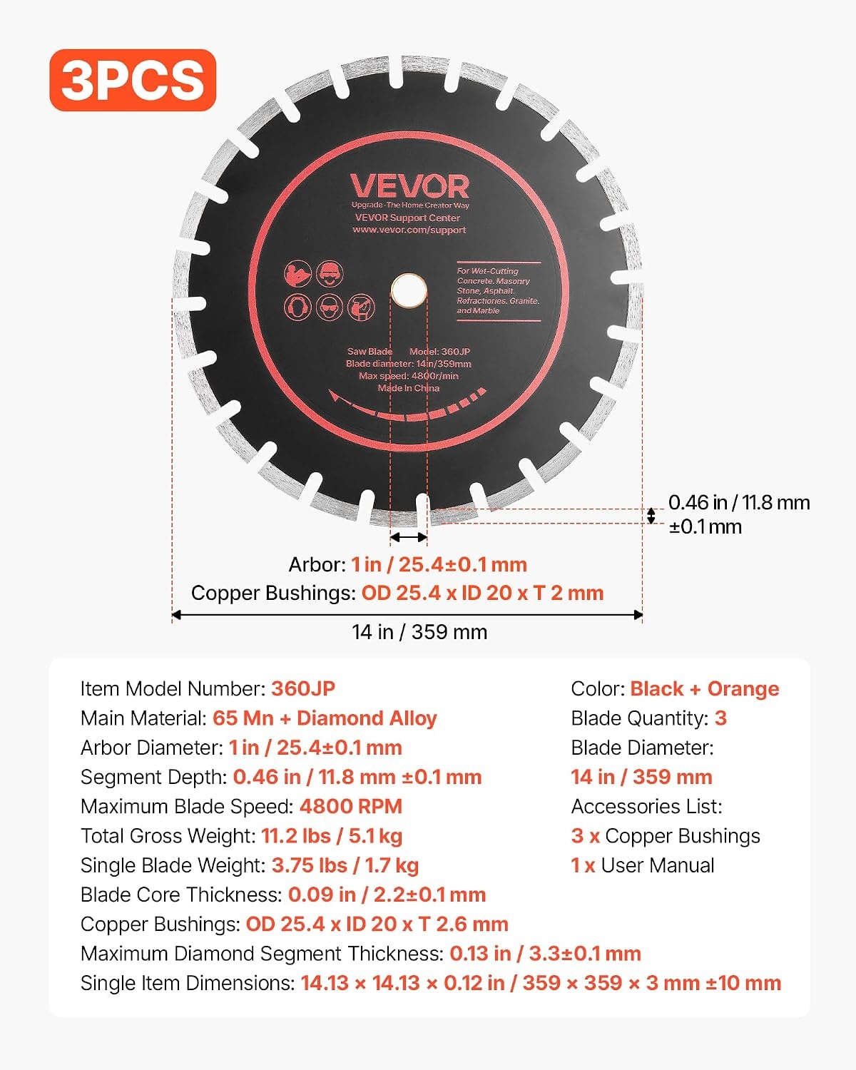 image:imageVEVOR Diamond Blades 63 inch 5Pack Wall Chaser Saw Blade Cutting Blade 087 in Arbor HighHardness Diamond Segments 65Mn Steel Core Dry Wet Cutting Clean Edges for Concrete Brick Stone Cement14 inch