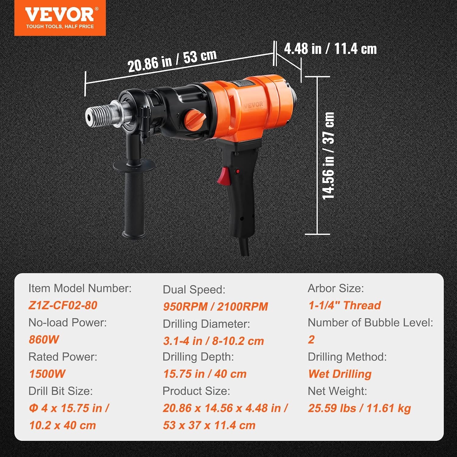 image:imageVEVOR Diamond Core Drilling Machine 10in Wet Concrete Core Drill Rig with Stand Wheels 750RPM Speed amp 114 Thread amp Lifting Handle 10in Drilling Diameter for Concrete Brick Block Stone 2500W4 Inches