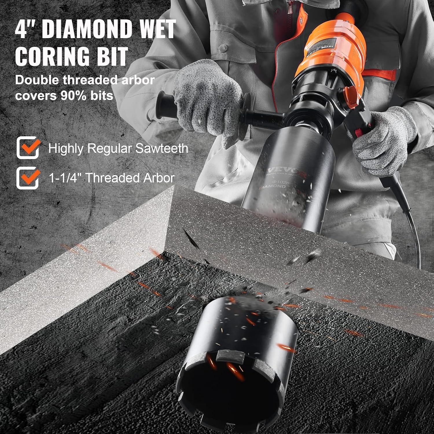 image:imageVEVOR Diamond Core Drilling Machine 10in Wet Concrete Core Drill Rig with Stand Wheels 750RPM Speed amp 114 Thread amp Lifting Handle 10in Drilling Diameter for Concrete Brick Block Stone 2500W4 Inches