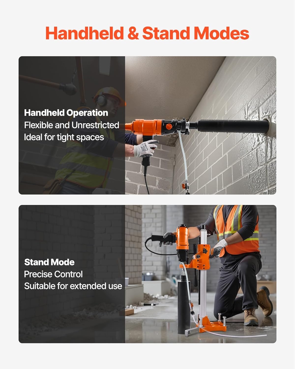 image:imageVEVOR Diamond Core Drilling Machine 8 in Drilling Diameter 2in1 Handheld amp StandMount Dry and Wet Concrete Core Drill Rig with 4 Drill Bits 10752300 RPM 2Speed for Concrete Brick Stone 1800W8in Core Drill 4 Bits Set