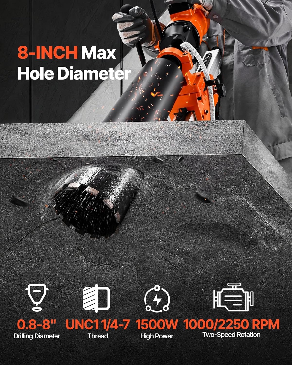 image:imageVEVOR Diamond Core Drilling Machine 8 in Drilling Diameter 2in1 Handheld amp StandMount Dry and Wet Concrete Core Drill Rig with 4 Drill Bits 10752300 RPM 2Speed for Concrete Brick Stone 1800W8in Core Drill 4 Bits Set