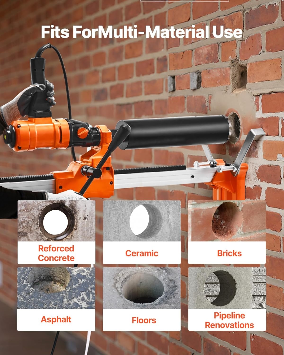 image:imageVEVOR Diamond Core Drilling Machine 8 in Drilling Diameter 2in1 Handheld amp StandMount Dry and Wet Concrete Core Drill Rig with 4 Drill Bits 10752300 RPM 2Speed for Concrete Brick Stone 1800W8in Core Drill 4 Bits Set