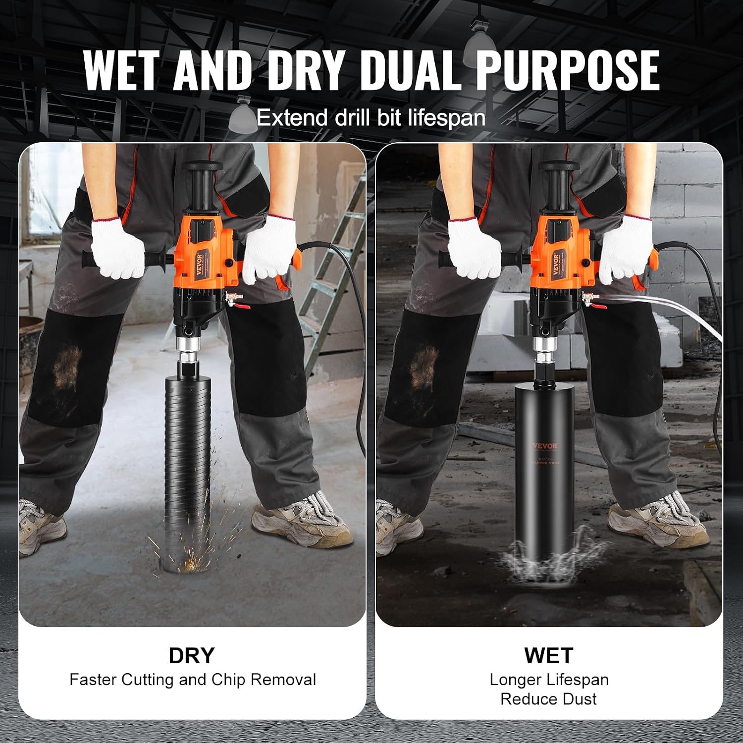 image:imageVEVOR Diamond Core Drilling Machine 8 in Drilling Diameter Handheld Dry and Wet Concrete Core Drill Rig with 4 Drill Bits 10752300 RPM 2Speed UNC1 147 Thread for Concrete Brick Stone 1800W63in Core Drill