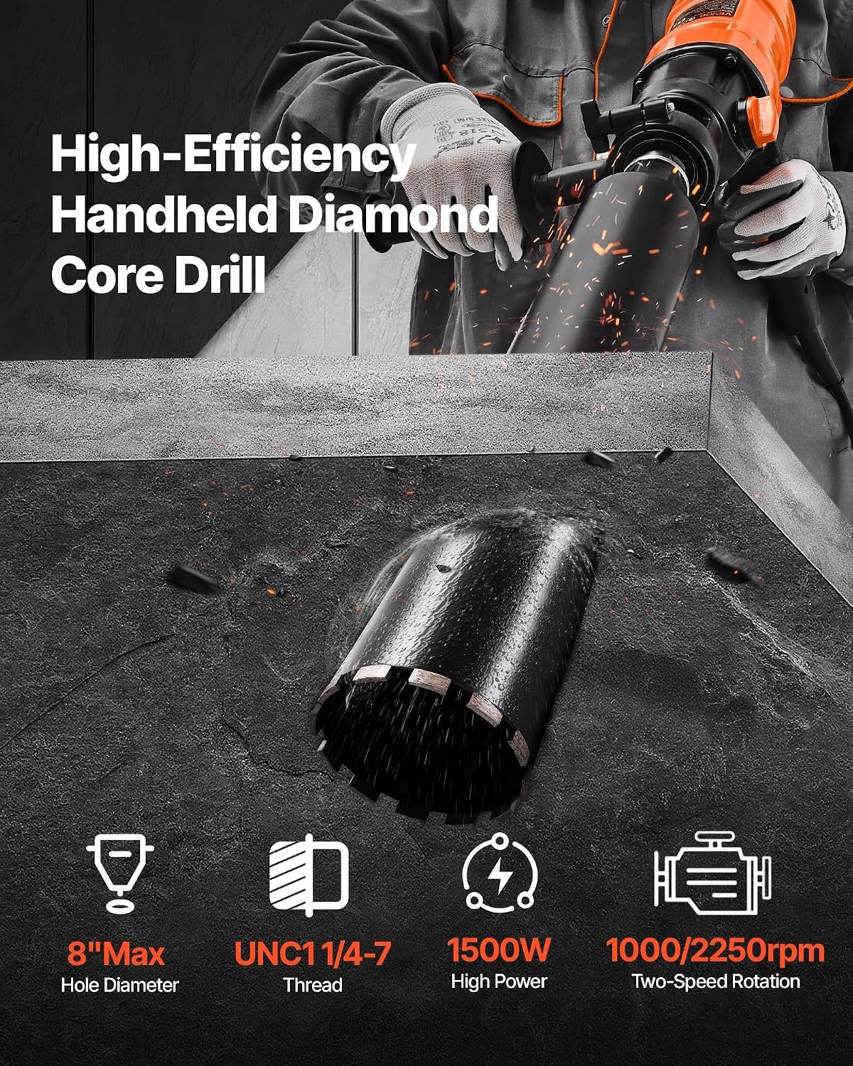 image:imageVEVOR Diamond Core Drilling Machine 8 in Drilling Diameter Handheld Dry and Wet Concrete Core Drill Rig with 4 Drill Bits 10752300 RPM 2Speed UNC1 147 Thread for Concrete Brick Stone 1800W8in Core Drill 4 Bits Set