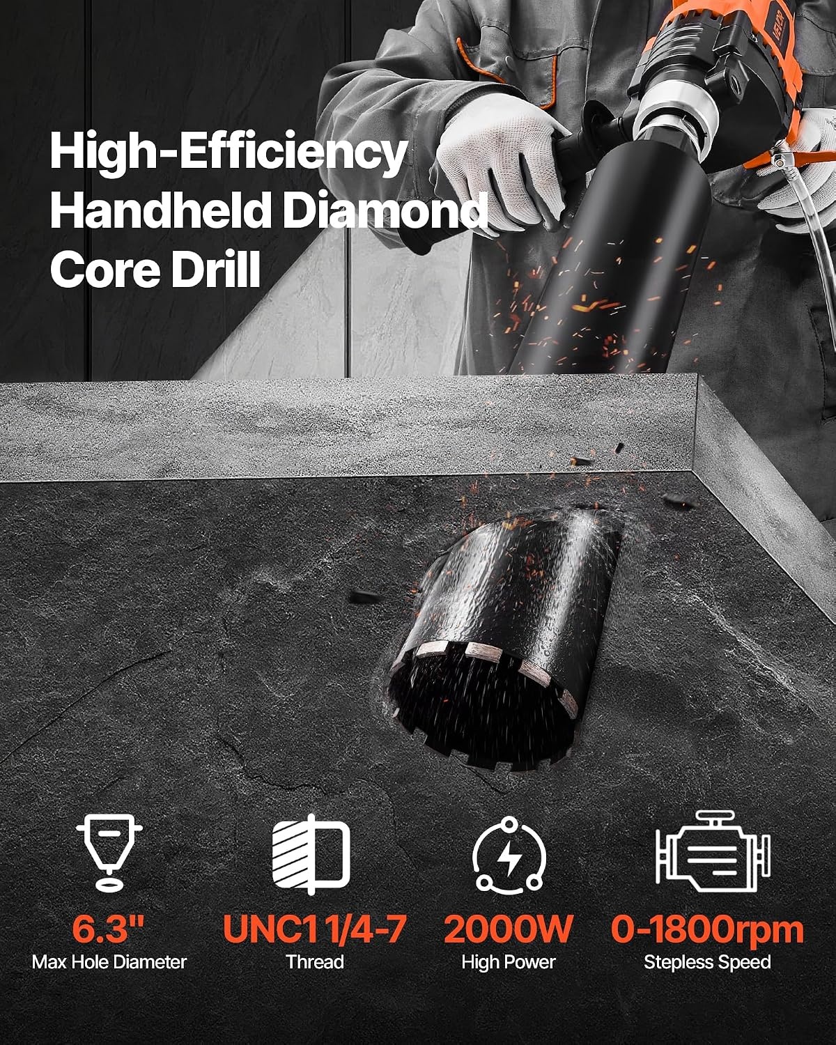 image:imageVEVOR Diamond Core Drilling Machine 8 in Drilling Diameter Handheld Dry and Wet Concrete Core Drill Rig with 4 Drill Bits 10752300 RPM 2Speed UNC1 147 Thread for Concrete Brick Stone 1800W63in Core Drill 4 Bits Set