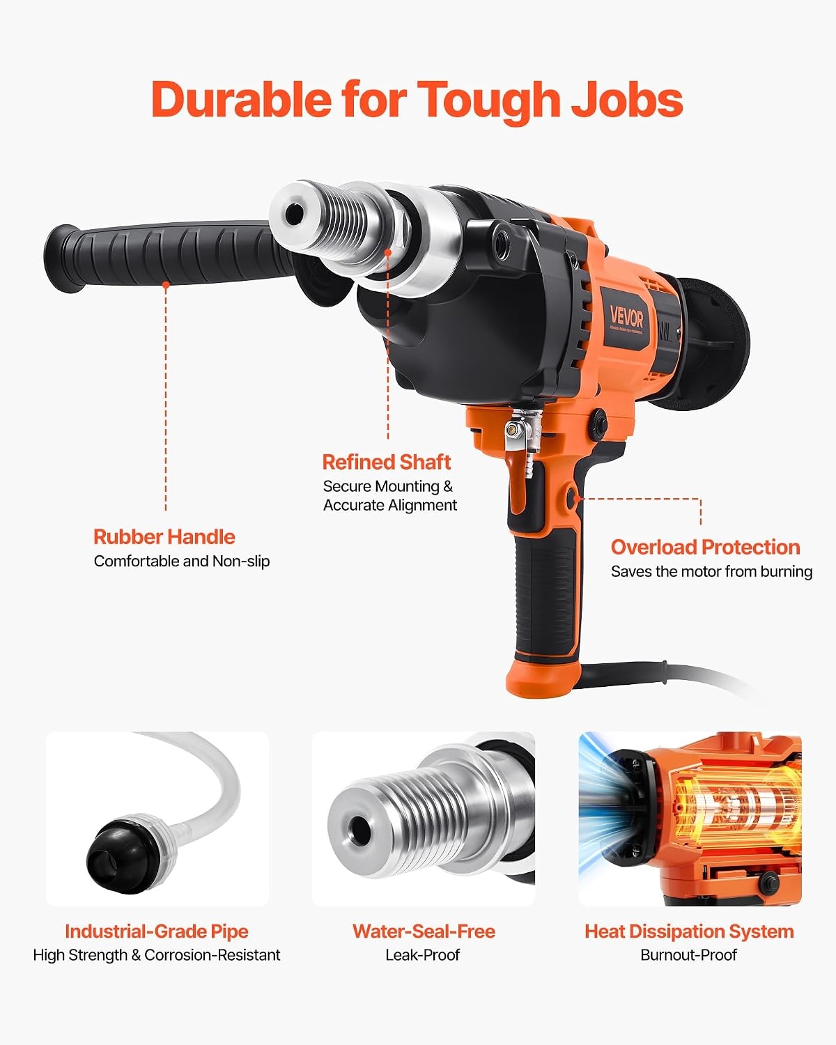 image:imageVEVOR Diamond Core Drilling Machine 8 in Drilling Diameter Handheld Dry and Wet Concrete Core Drill Rig with 4 Drill Bits 10752300 RPM 2Speed UNC1 147 Thread for Concrete Brick Stone 1800W63in Core Drill 4 Bits Set