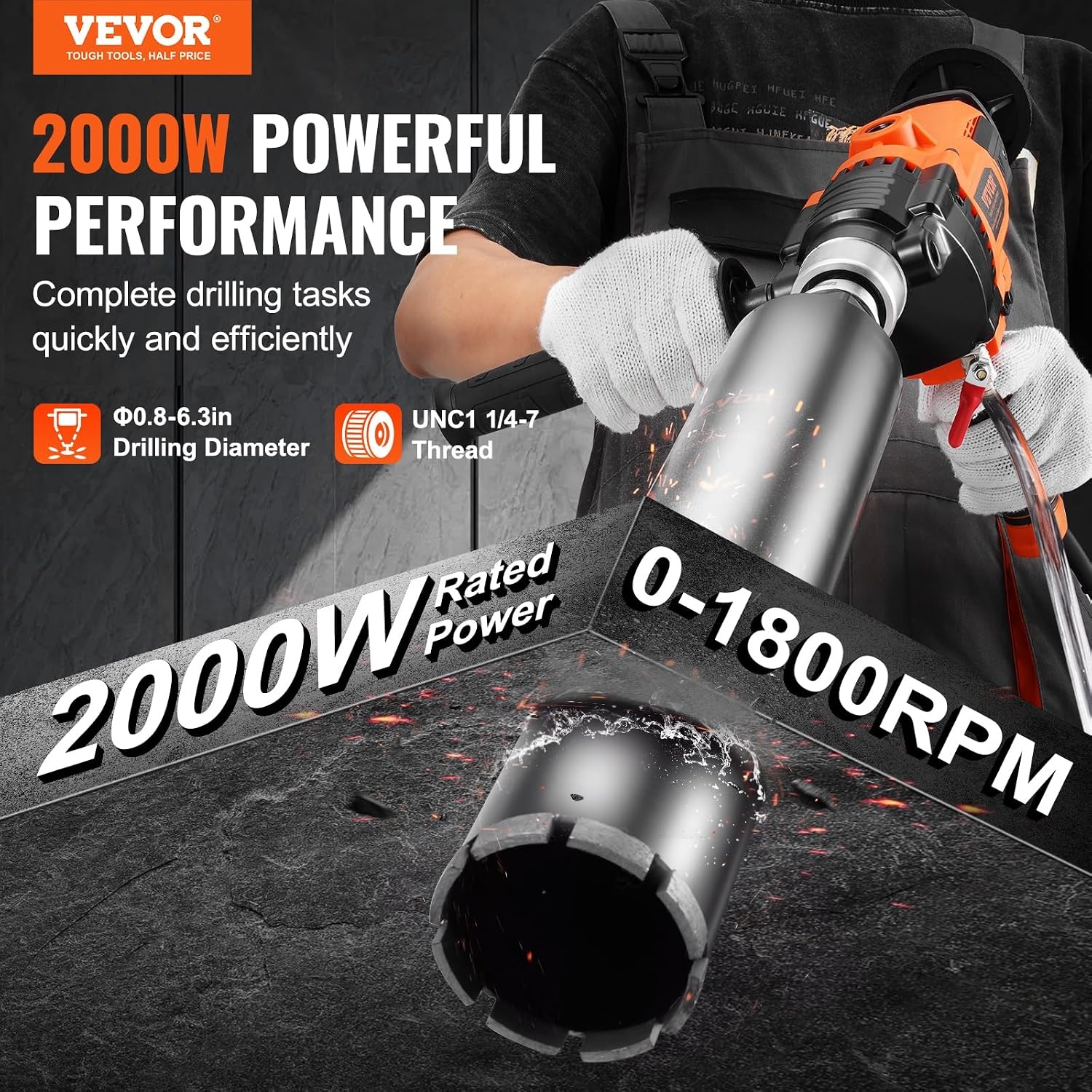 image:imageVEVOR Diamond Core Drilling Machine 8 in Drilling Diameter Handheld Dry and Wet Concrete Core Drill Rig with 4 Drill Bits 10752300 RPM 2Speed UNC1 147 Thread for Concrete Brick Stone 1800W63in Core Drill