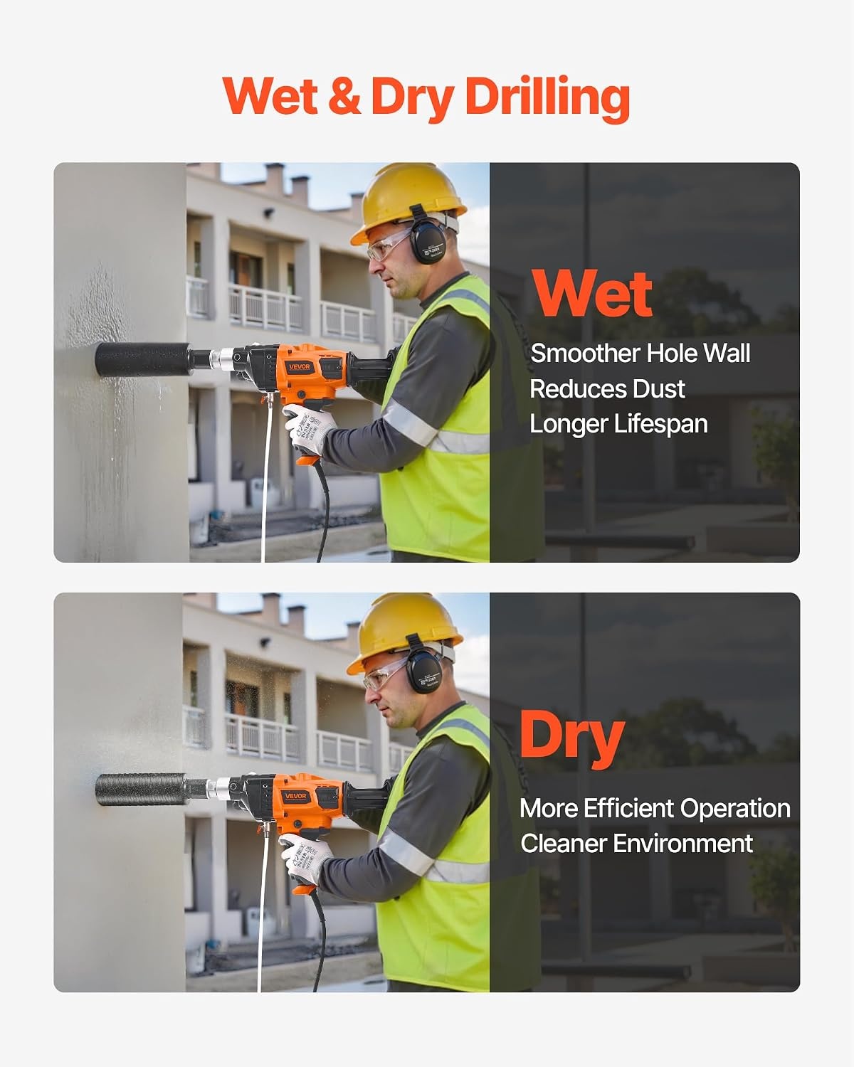 image:imageVEVOR Diamond Core Drilling Machine 8 in Drilling Diameter Handheld Dry and Wet Concrete Core Drill Rig with 4 Drill Bits 10752300 RPM 2Speed UNC1 147 Thread for Concrete Brick Stone 1800W63in Core Drill 4 Bits Set