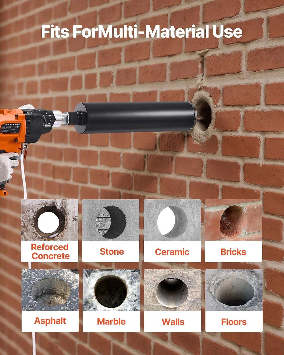 image:imageVEVOR Diamond Core Drilling Machine 8 in Drilling Diameter Handheld Dry and Wet Concrete Core Drill Rig with 4 Drill Bits 10752300 RPM 2Speed UNC1 147 Thread for Concrete Brick Stone 1800W63in Core Drill 4 Bits Set
