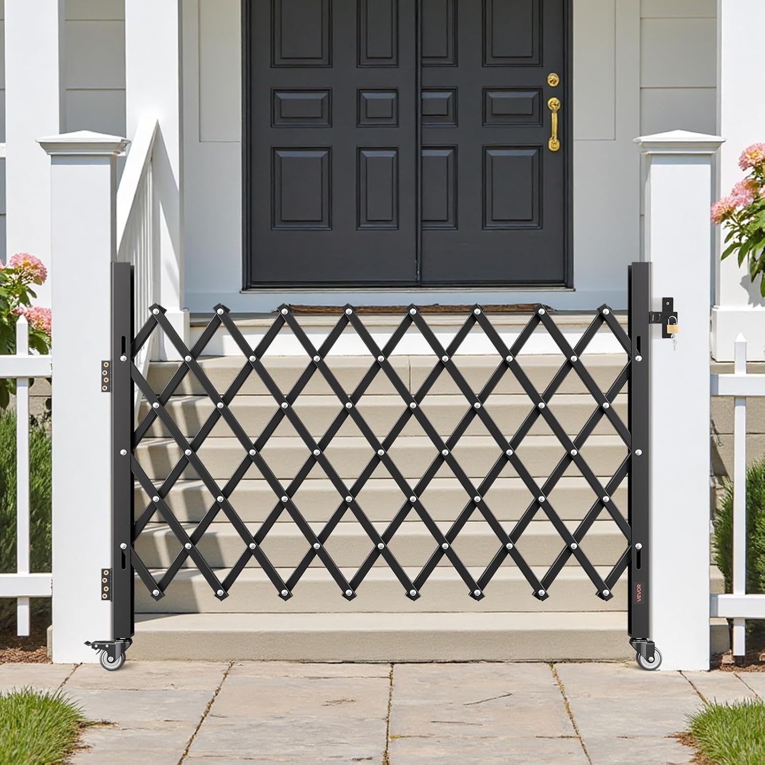 image:imageVEVOR Double Folding Security Gate Lockable Scissor Gate with 360 Swivel Casters Outdoor Barricade Steel Retractable Gates for Entry Security Garage Warehouse amp Pool 14567 x 6319 in W x H6693W x 5157H
