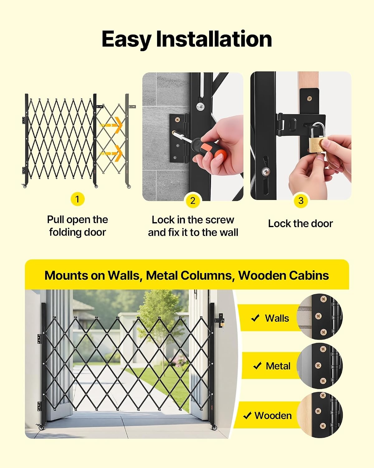 image:imageVEVOR Double Folding Security Gate Lockable Scissor Gate with 360 Swivel Casters Outdoor Barricade Steel Retractable Gates for Entry Security Garage Warehouse amp Pool 14567 x 6319 in W x H6693W x 5157H