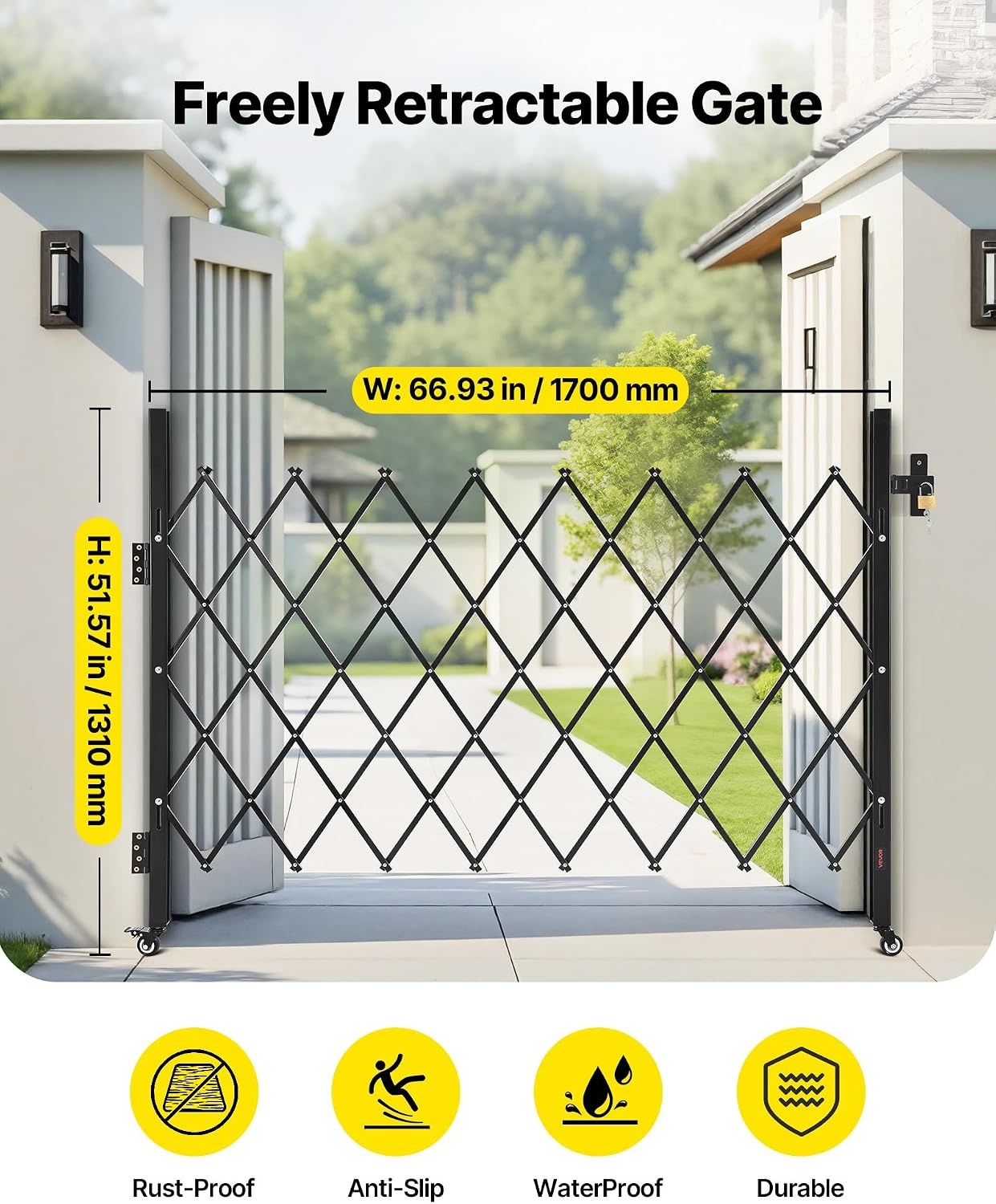 image:imageVEVOR Double Folding Security Gate Lockable Scissor Gate with 360 Swivel Casters Outdoor Barricade Steel Retractable Gates for Entry Security Garage Warehouse amp Pool 14567 x 6319 in W x H6693W x 5157H