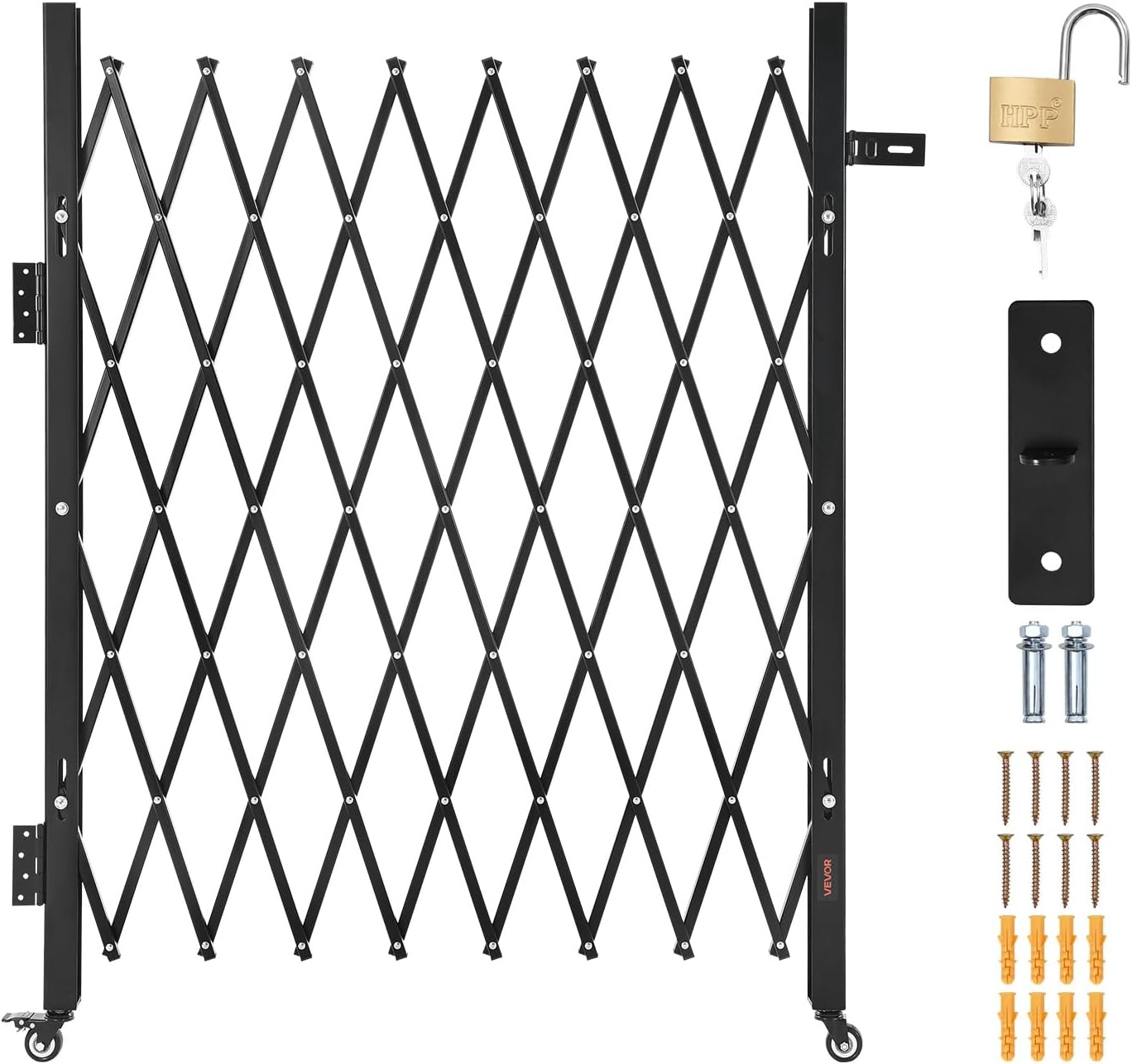 image:imageVEVOR Double Folding Security Gate Lockable Scissor Gate with 360 Swivel Casters Outdoor Barricade Steel Retractable Gates for Entry Security Garage Warehouse amp Pool 14567 x 6319 in W x H6693W x 5157H