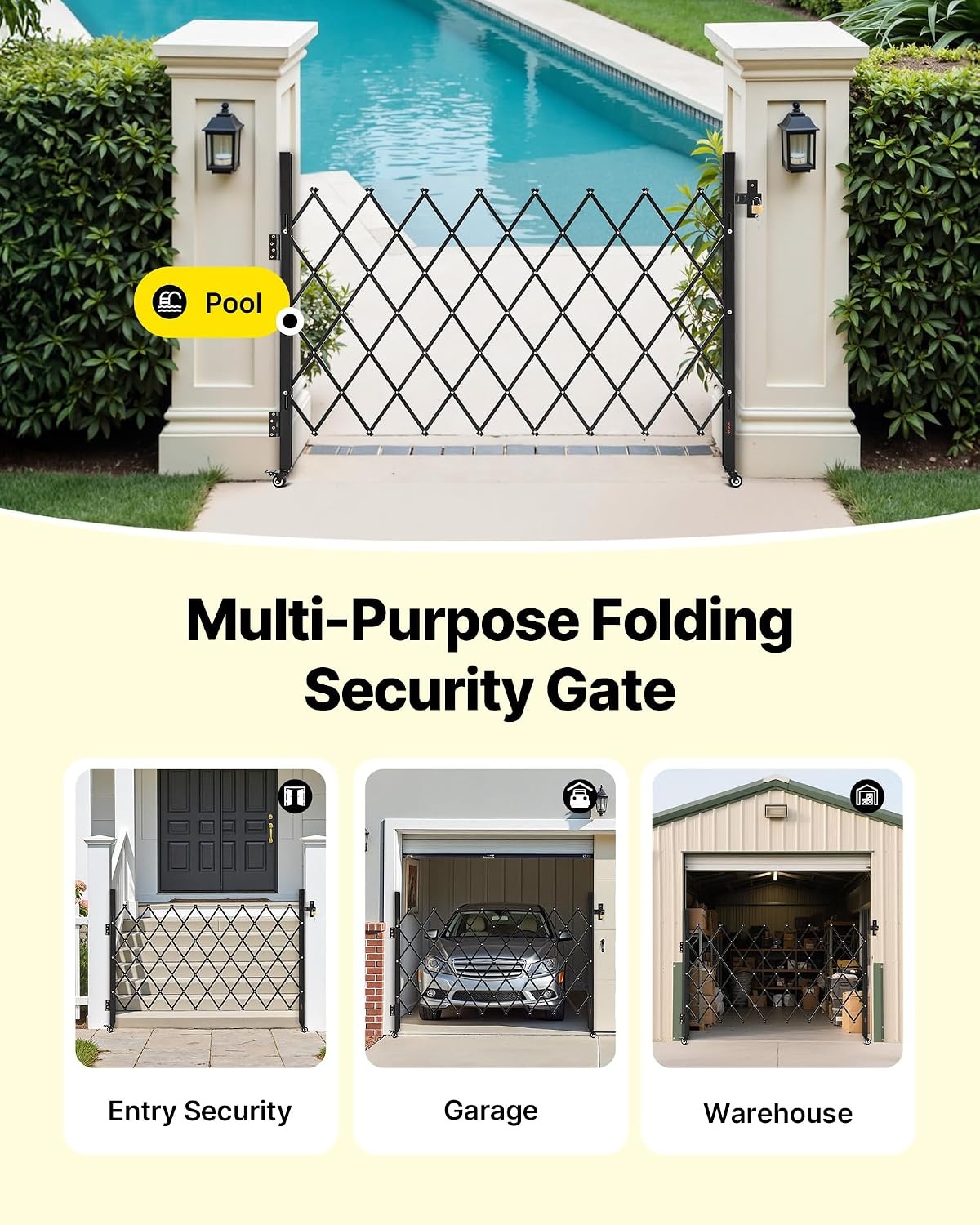 image:imageVEVOR Double Folding Security Gate Lockable Scissor Gate with 360 Swivel Casters Outdoor Barricade Steel Retractable Gates for Entry Security Garage Warehouse amp Pool 14567 x 6319 in W x H6693W x 5157H