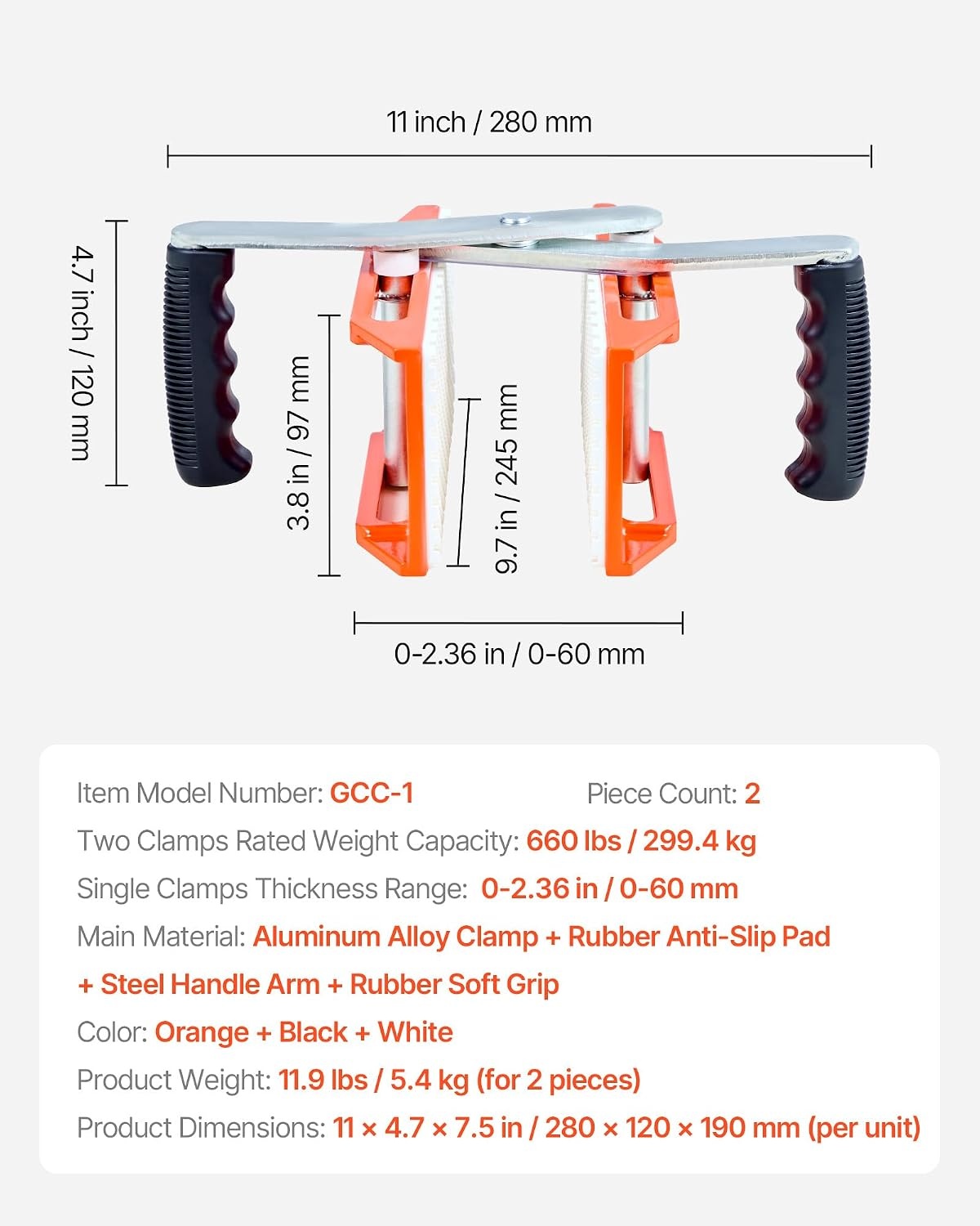 image:imageVEVOR Double Handed Stone Carrying Clamps 660 lbs Load Capacity 2 Pack Granite Panel Carriers Lifting Tools with Rubberlined 0236 Inches Heavy Duty lifting Clamps for Plywood Glass GraniteOrangewhite