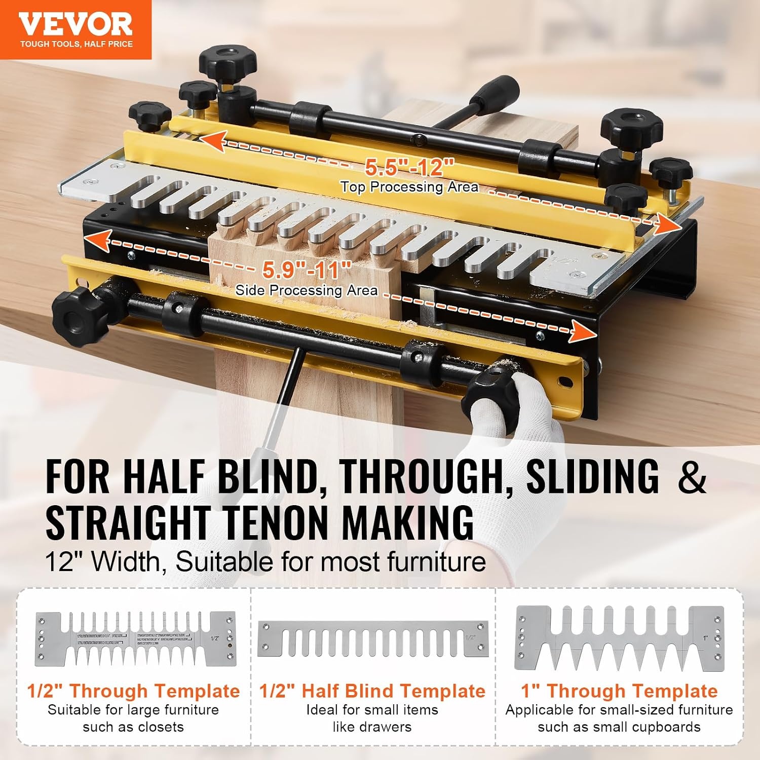 image:imageVEVOR Dovetail Jig 12 in Width Dove Tailing Router Jigs with 4 Router Bits amp 3 Templates Precise Alignment Dove Tail Jig Mortise and Tenon Woodworking Tools for Furniture amp Wood Cabinet Making Easy Operation Sturdy and DurableYellow Silver Black