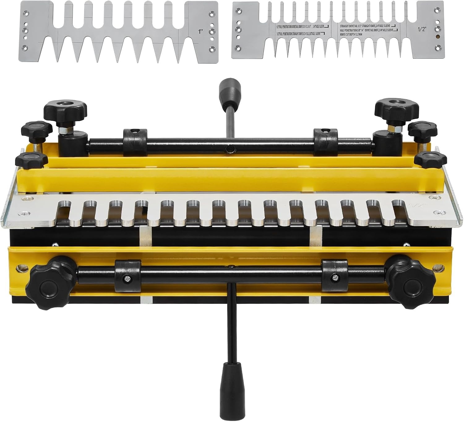image:imageVEVOR Dovetail Jig 12 in Width Dove Tailing Router Jigs with 4 Router Bits amp 3 Templates Precise Alignment Dove Tail Jig Mortise and Tenon Woodworking Tools for Furniture amp Wood Cabinet Making Easy Operation Sturdy and DurableYellow Silver Black