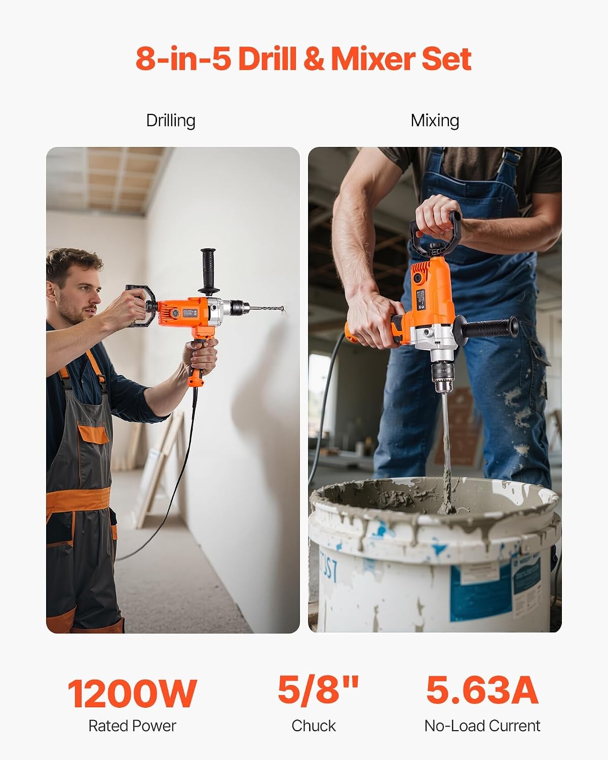 image:imageVEVOR Drill Mixer 12 inch Corded Electric Drill Mixer Set 0850RPM 54A Mixing Drills Mixing Drills Machine with DHandle for Drilling amp Blending Handheld Cement Mixers for Fodder Paint Cement58inch 1200W