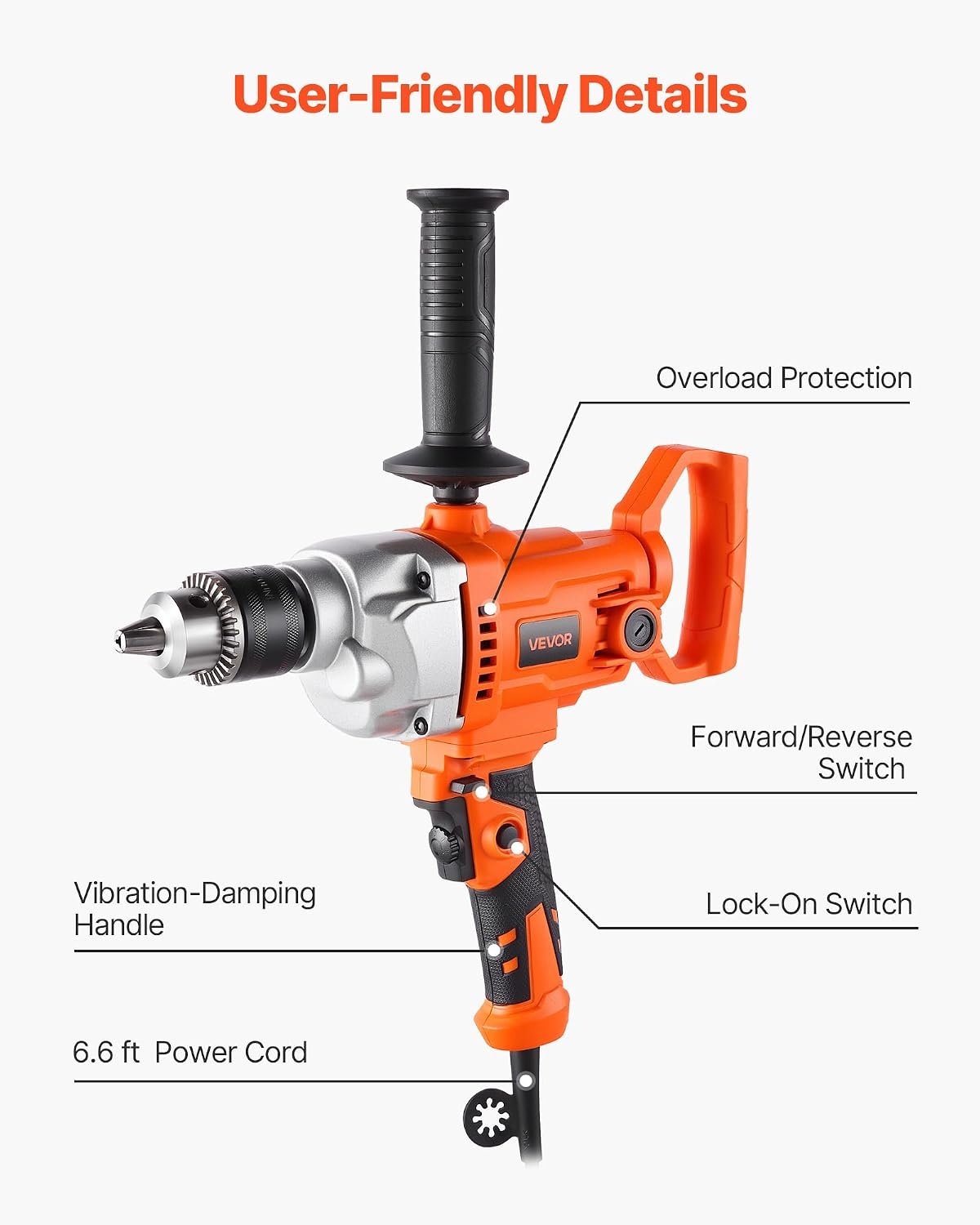 image:imageVEVOR Drill Mixer 12 inch Corded Electric Drill Mixer Set 0850RPM 54A Mixing Drills Mixing Drills Machine with DHandle for Drilling amp Blending Handheld Cement Mixers for Fodder Paint Cement58inch 1100W