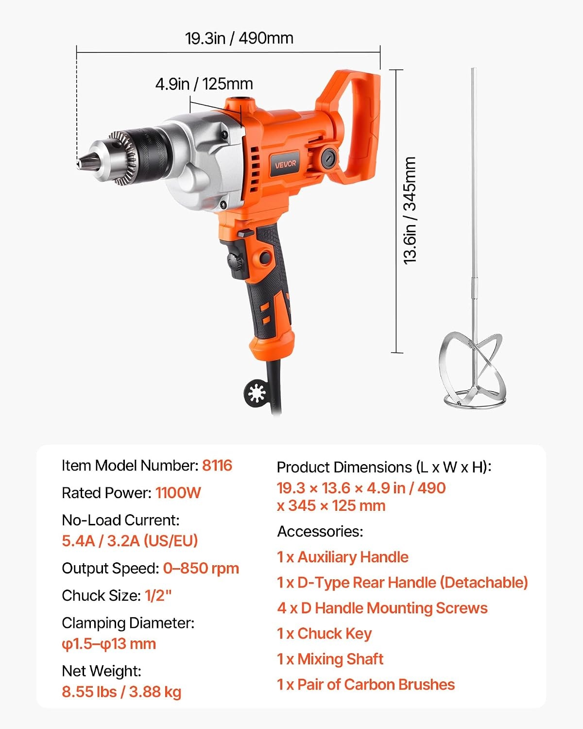 image:imageVEVOR Drill Mixer 12 inch Corded Electric Drill Mixer Set 0850RPM 54A Mixing Drills Mixing Drills Machine with DHandle for Drilling amp Blending Handheld Cement Mixers for Fodder Paint Cement12inch 1100W