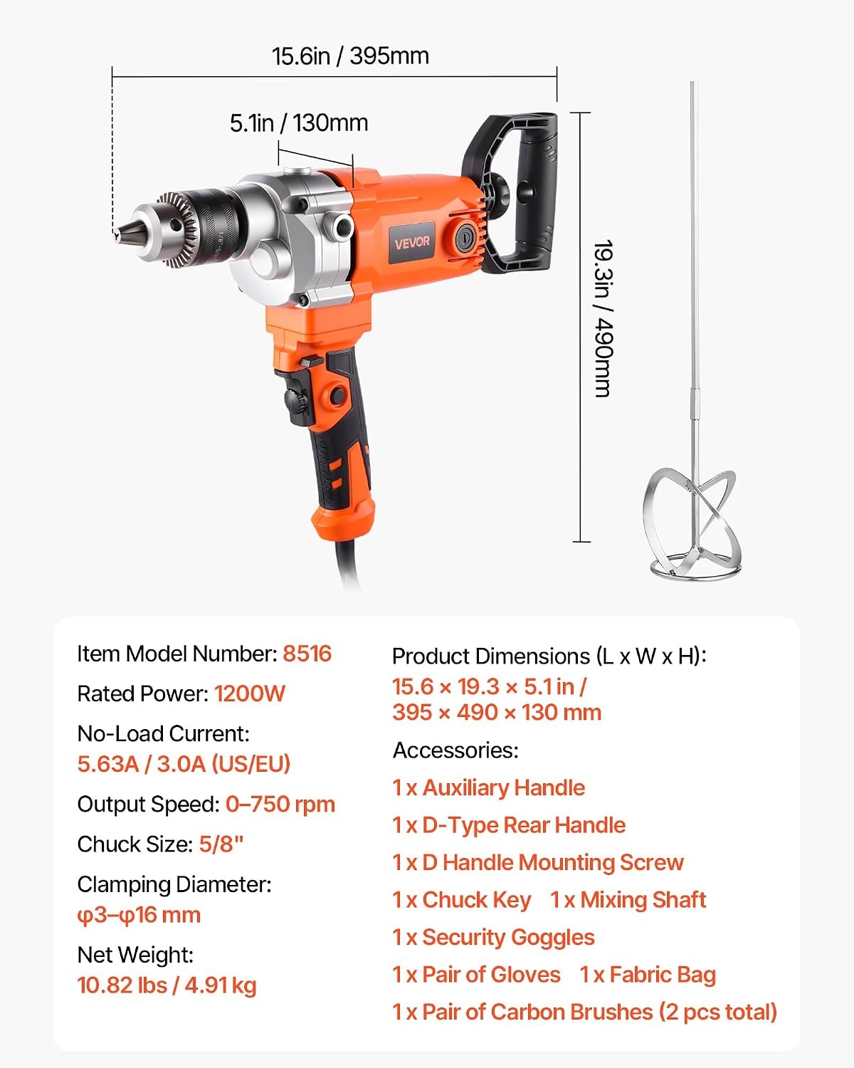 image:imageVEVOR Drill Mixer 12 inch Corded Electric Drill Mixer Set 0850RPM 54A Mixing Drills Mixing Drills Machine with DHandle for Drilling amp Blending Handheld Cement Mixers for Fodder Paint Cement58inch 1200W