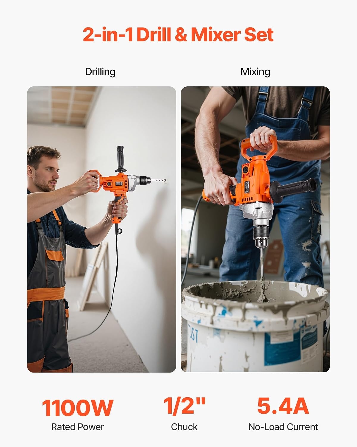 image:imageVEVOR Drill Mixer 12 inch Corded Electric Drill Mixer Set 0850RPM 54A Mixing Drills Mixing Drills Machine with DHandle for Drilling amp Blending Handheld Cement Mixers for Fodder Paint Cement12inch 1100W