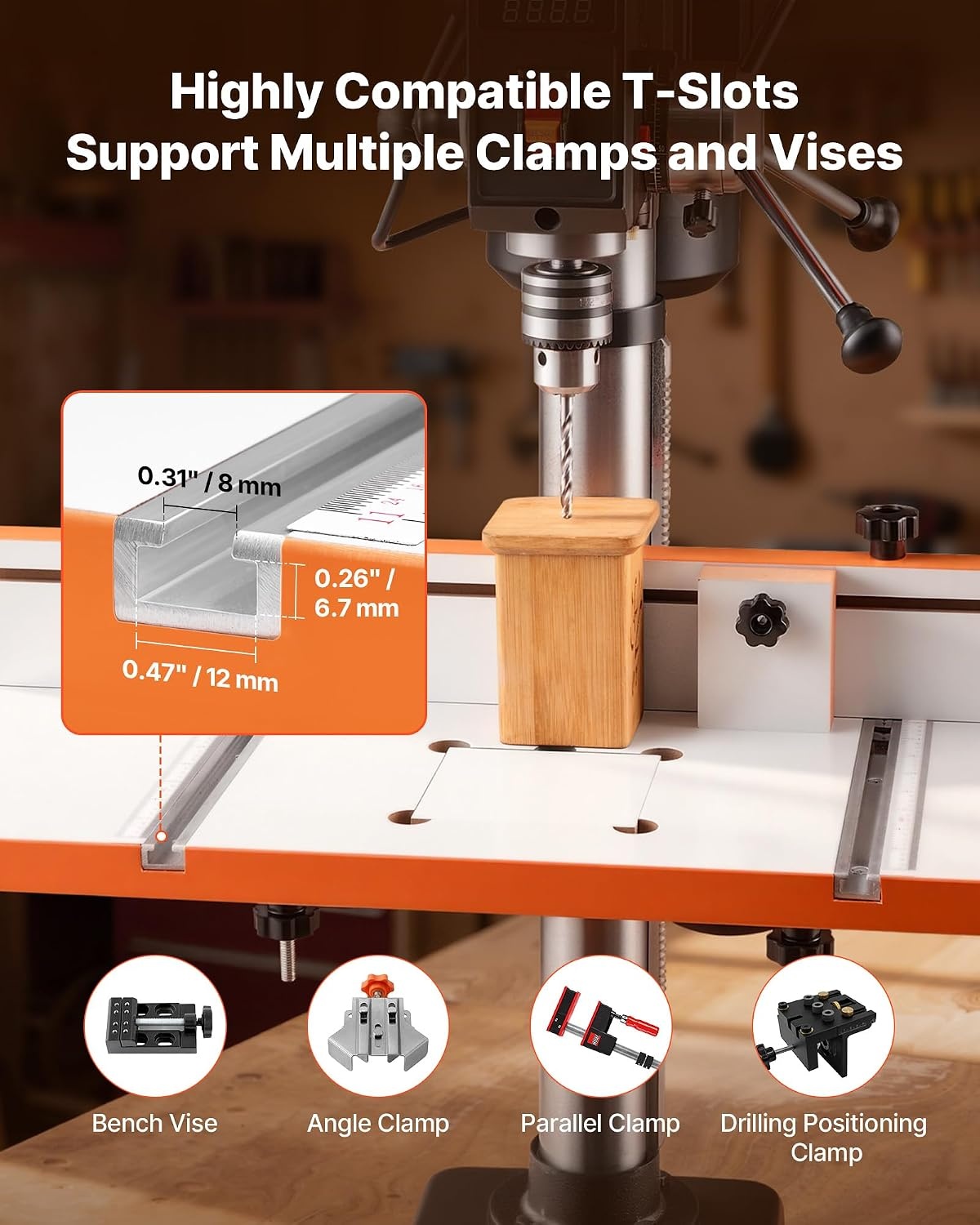 image:imageVEVOR Drill Press Table 2363 x 1173 in Worktable with an Adjustable Fence and Stop Block Highly Compatible TSlots MDF Tabletop BuiltIn Scale Support Multiple Clamps Vises for Drill Presses