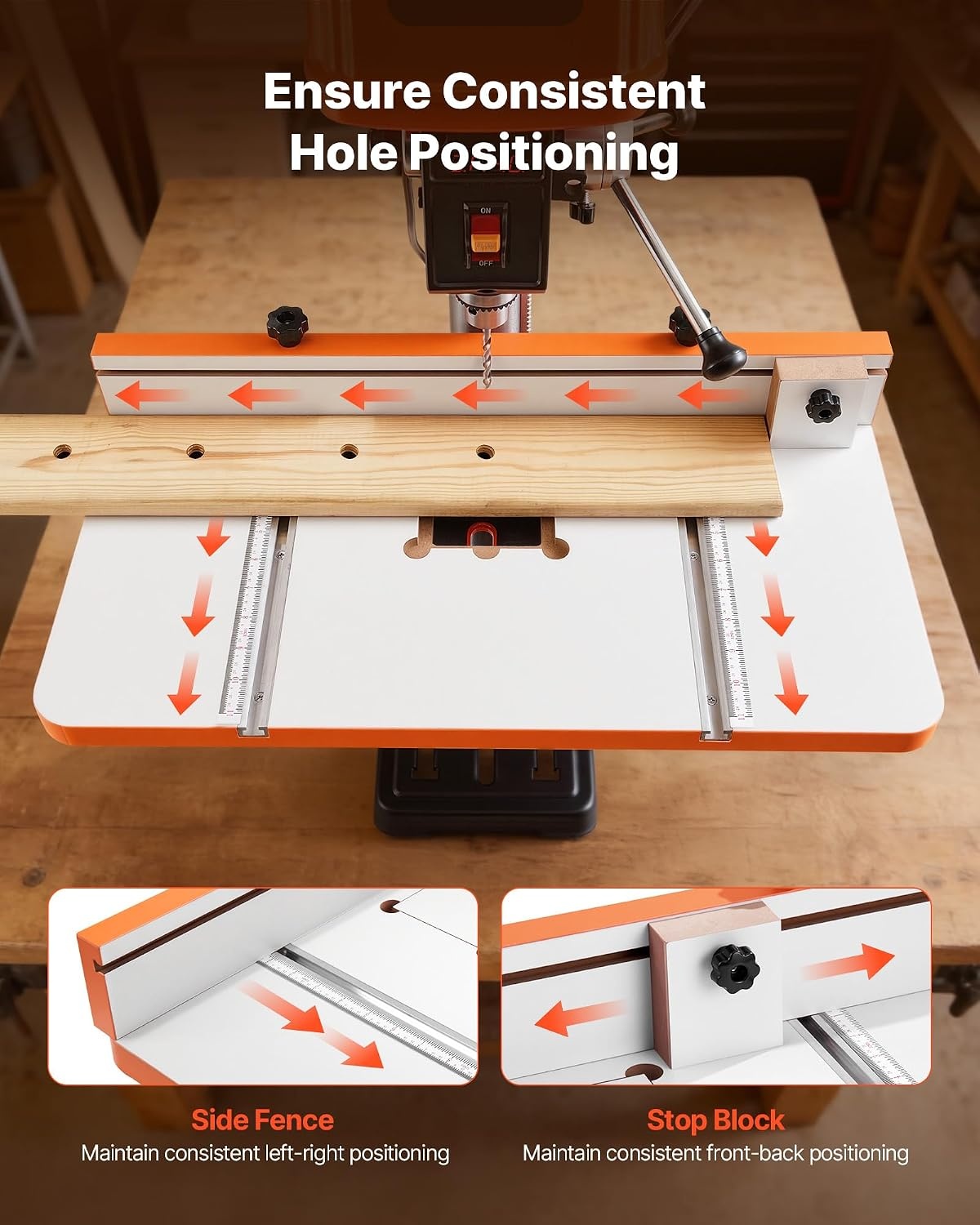 image:imageVEVOR Drill Press Table 2363 x 1173 in Worktable with an Adjustable Fence and Stop Block Highly Compatible TSlots MDF Tabletop BuiltIn Scale Support Multiple Clamps Vises for Drill Presses