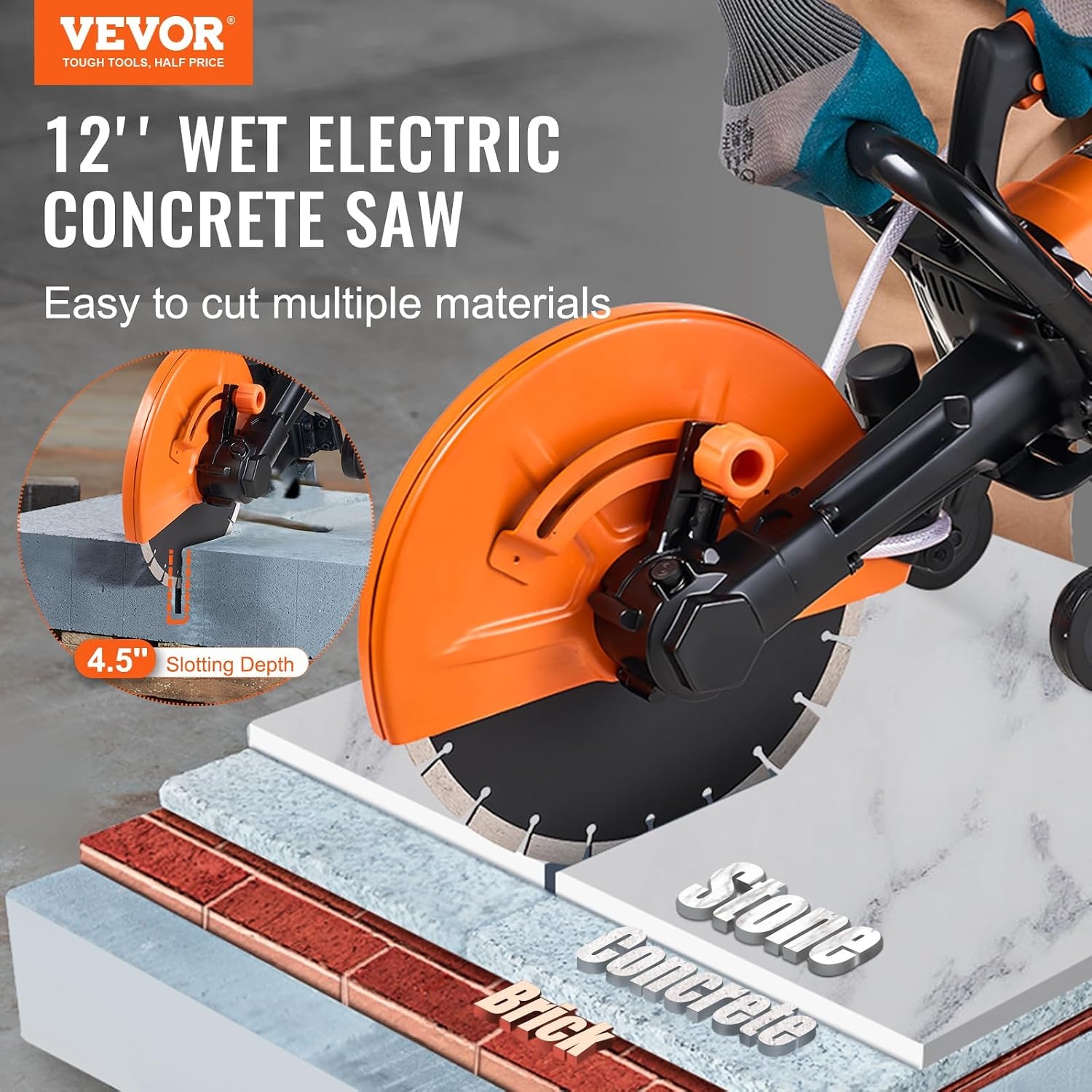 image:imageVEVOR Electric Concrete Saw 12 in 1800 W Motor Circular Saw Cutter with Max 45 in Adjustable Cutting Depth Wet Disk Saw Cutter Includes Water Line Pump and Blade for Stone Brick12 inch