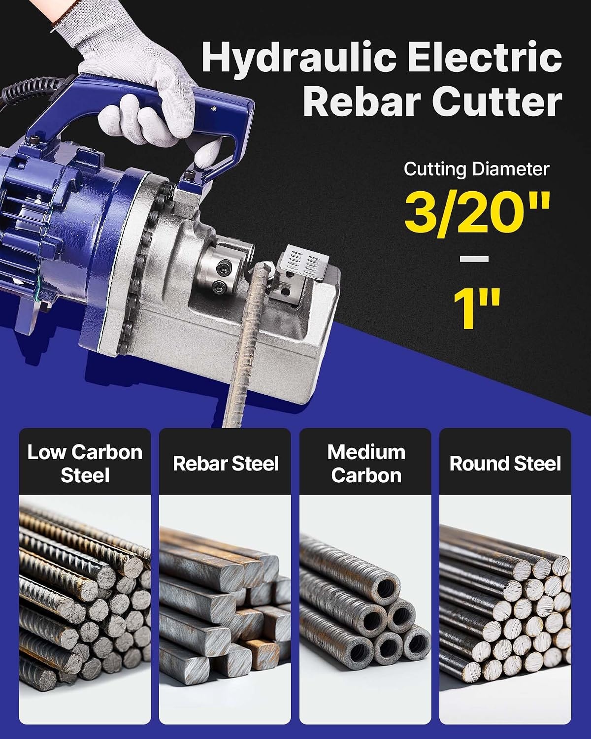 image:imageVEVOR Electric Hydraulic Rebar Cutter 1700W 110V Portable Cuts 8 425mm Rebar in 5 Seconds with Stainless Steel Carry Case1700W RC25