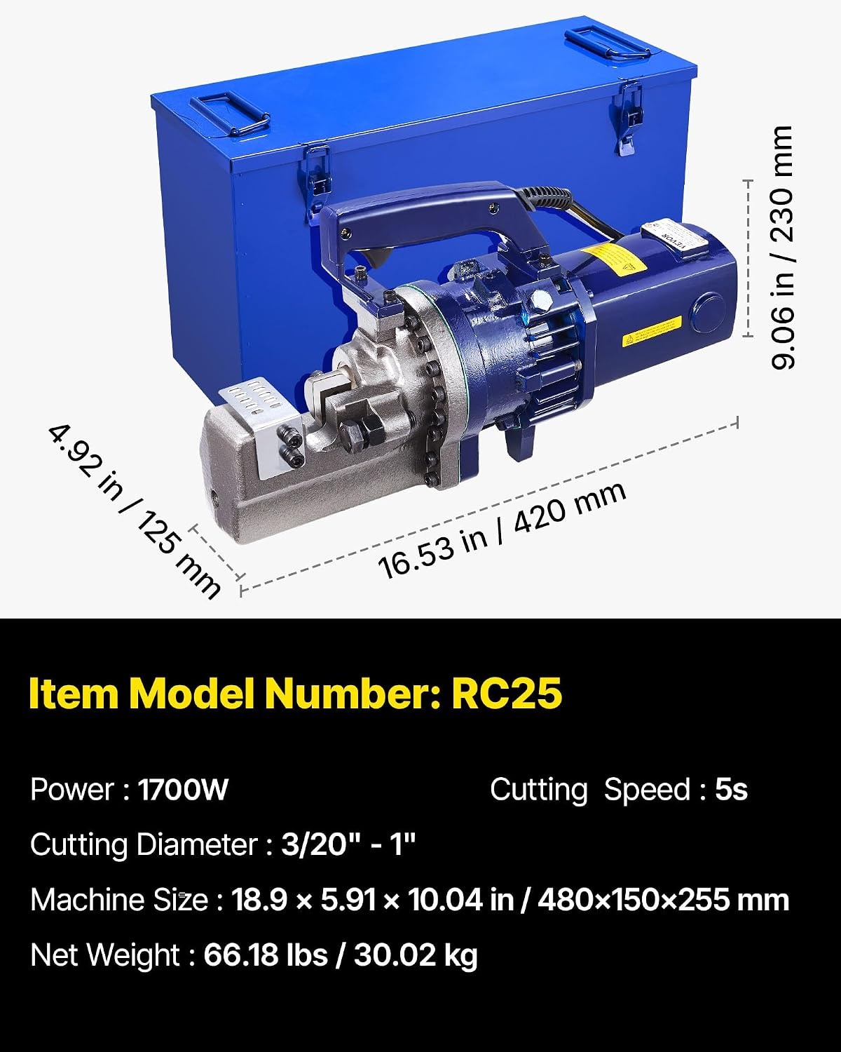 image:imageVEVOR Electric Hydraulic Rebar Cutter 1700W 110V Portable Cuts 8 425mm Rebar in 5 Seconds with Stainless Steel Carry Case1700W RC25