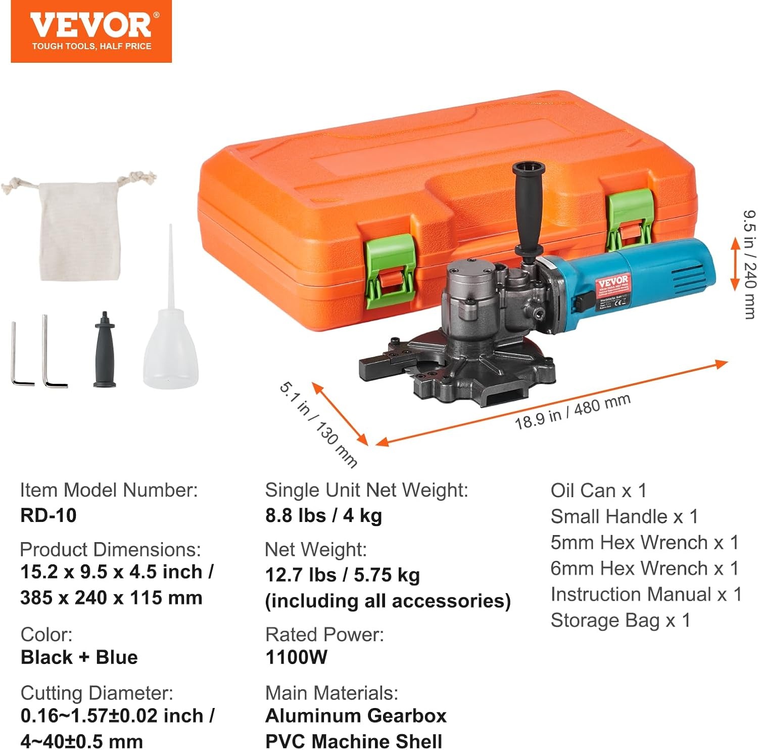 image:imageVEVOR Electric Rebar Cutter 1100W Portable Cuts up to 32 inch 440mm Rebar High Power Steel Concrete Cutter with Auxiliary Handle amp Tool Case RD101100W RCS40
