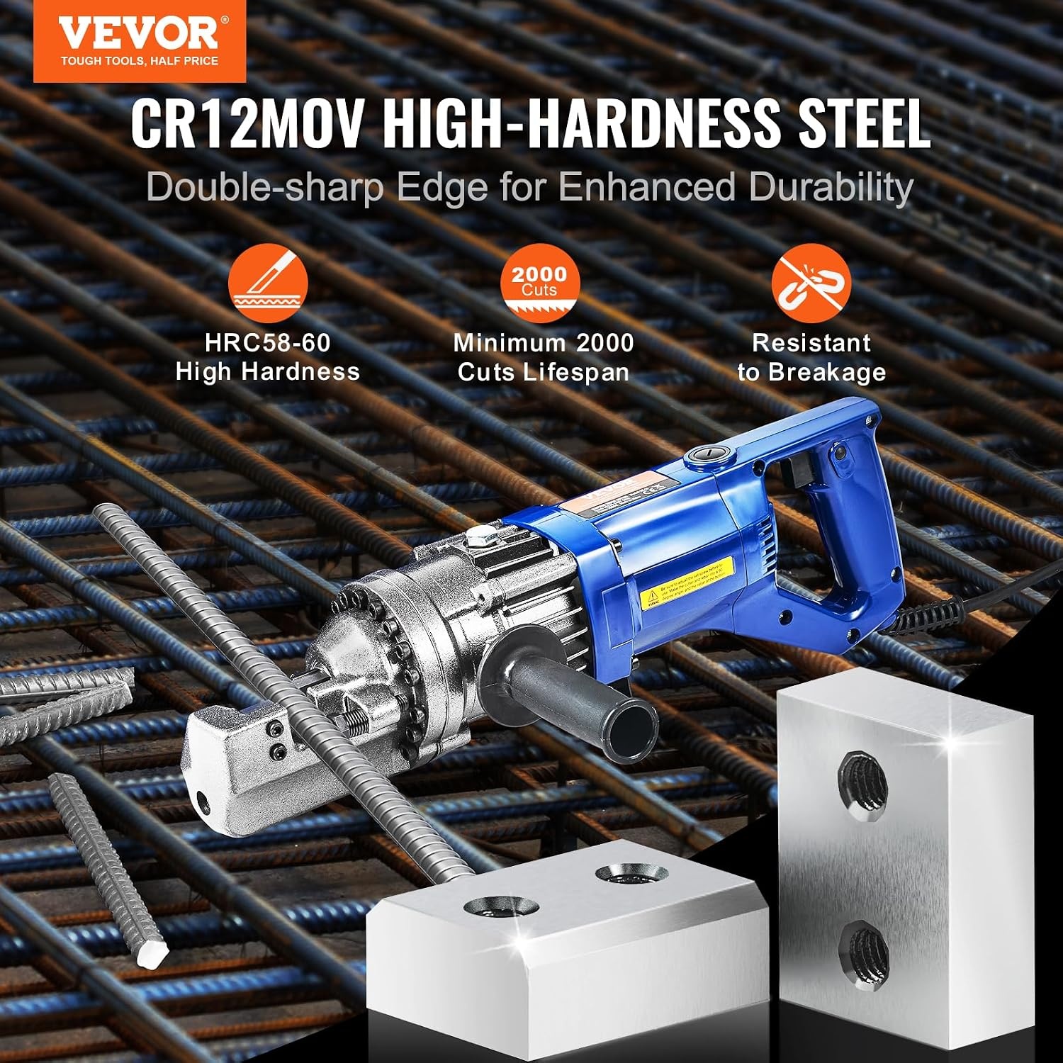 image:imageVEVOR Electric Rebar Cutter Replacement Blades 6 PCS 16mm58 Inch HRC5860 Hard Jaw Blades with 12 Hex Screws amp Spring Washers Fit RC16RC16 Rebar Blades