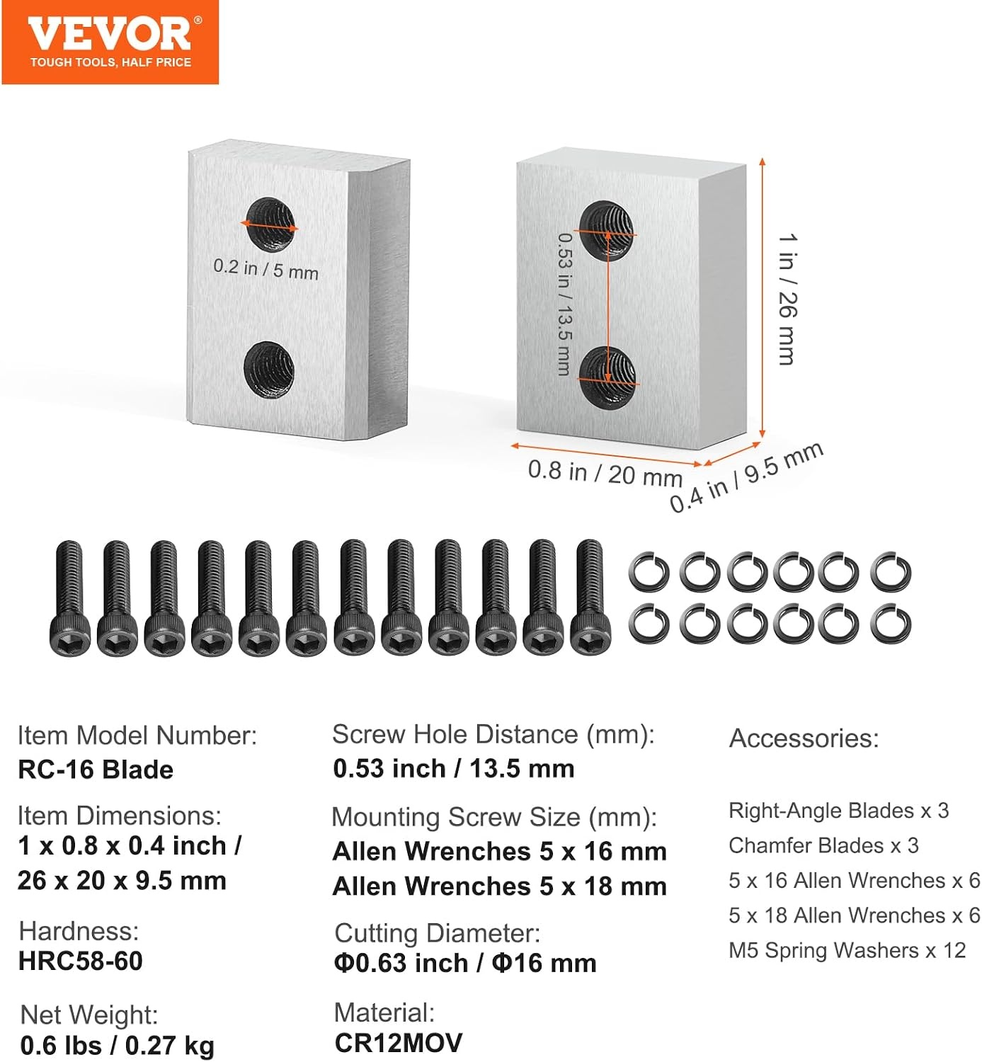 image:imageVEVOR Electric Rebar Cutter Replacement Blades 6 PCS 16mm58 Inch HRC5860 Hard Jaw Blades with 12 Hex Screws amp Spring Washers Fit RC16RC16 Rebar Blades