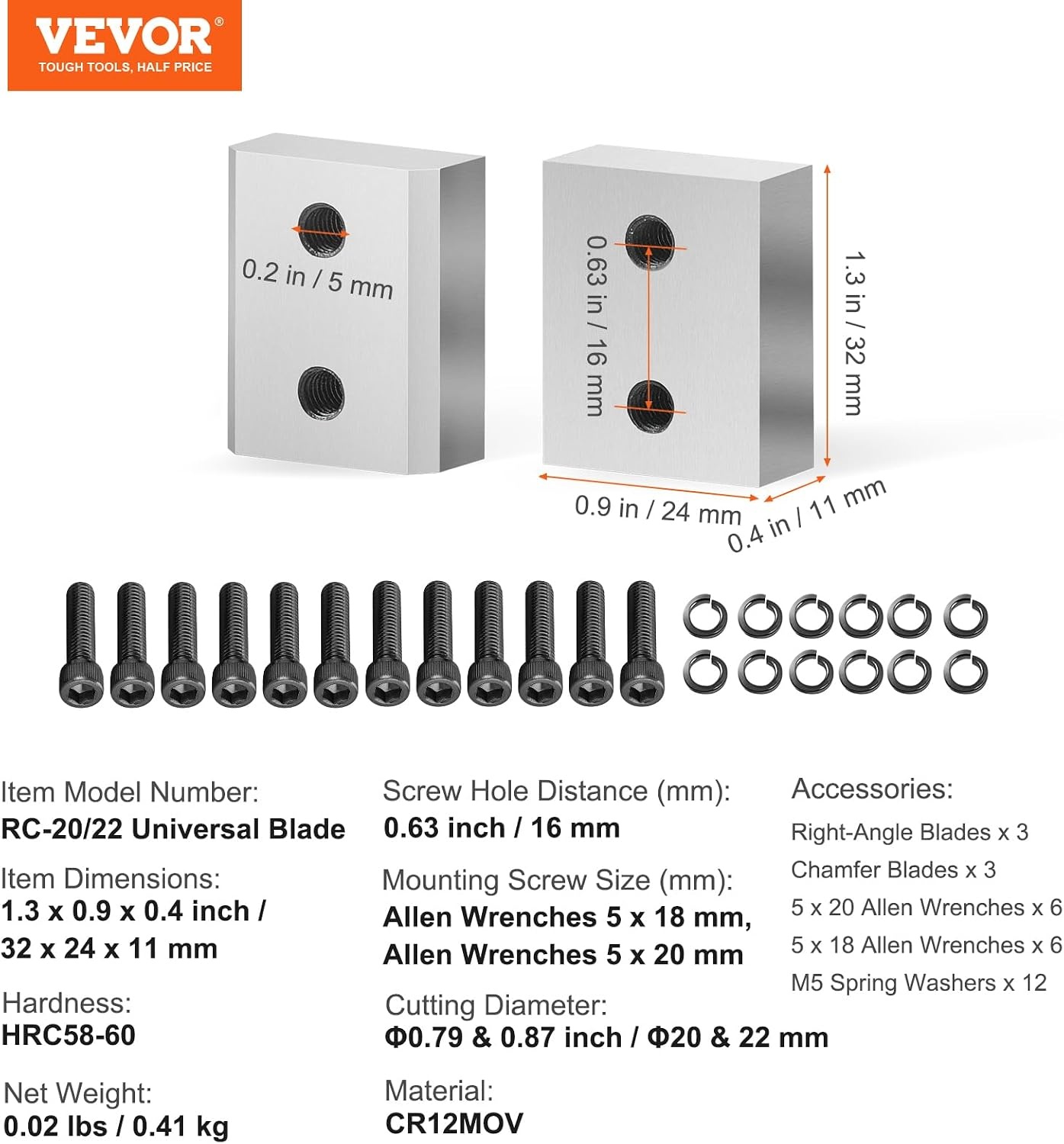 image:imageVEVOR Electric Rebar Cutter Replacement Blades 6 PCS 16mm58 Inch HRC5860 Hard Jaw Blades with 12 Hex Screws amp Spring Washers Fit RC16RC2022 Rebar Blades
