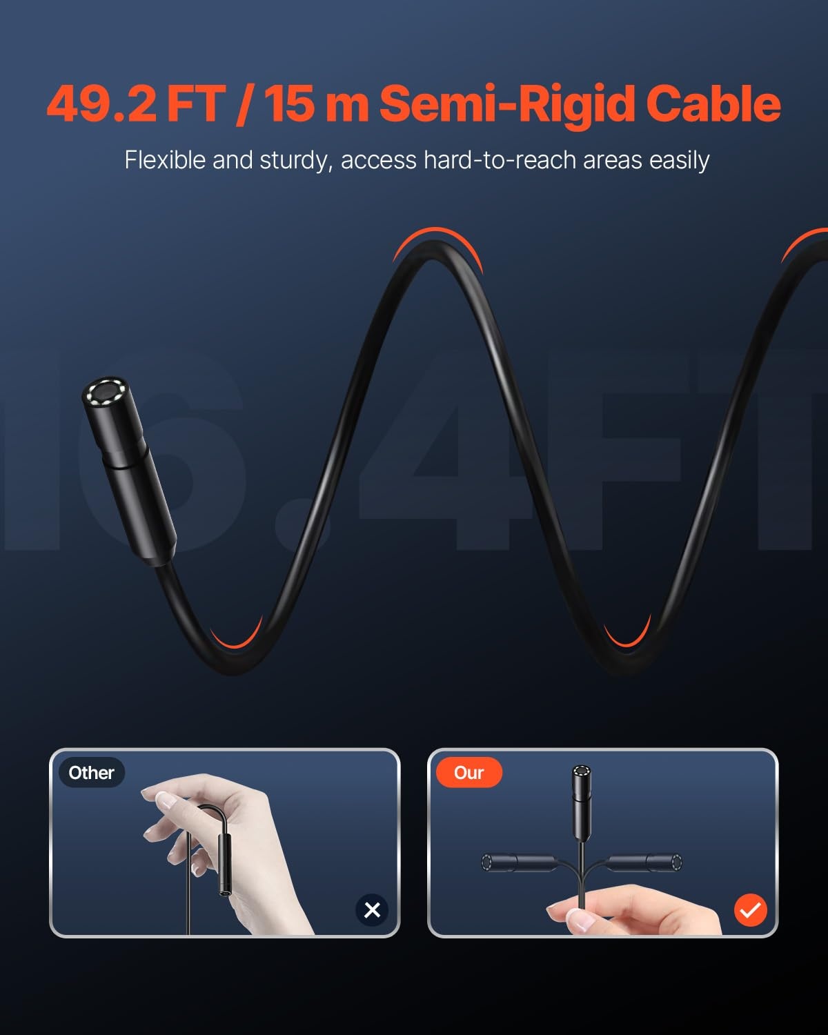 image:imageVEVOR Endoscope Camera with 492FT SemiRigid Cable 1920P HD Borescope for Android amp iOS Industrial Inspection Tool with Light 8 LED 2X Zoom IP67 Waterproof Snake Camera for Auto Plumbing